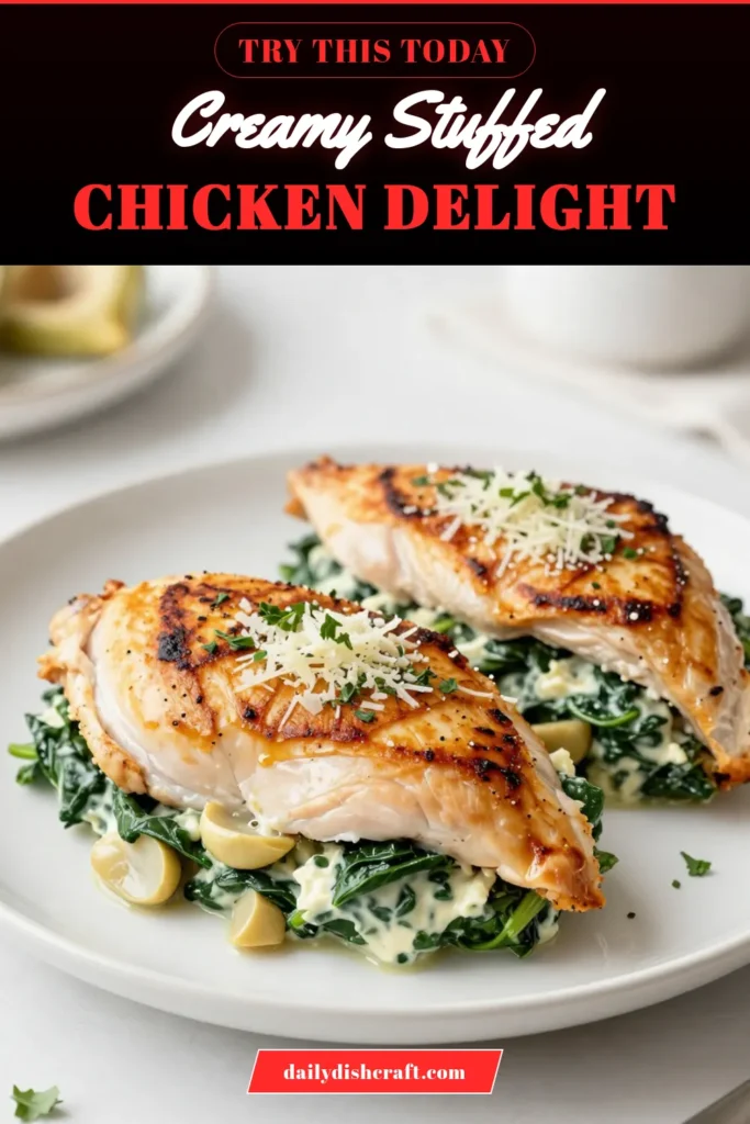Elevate your dinner with this creamy spinach artichoke stuffed chicken recipe! This easy chicken recipe features tender chicken breasts filled with a rich spinach artichoke dip mixture, making it a perfect healthy chicken dinner idea. Enjoy protein-packed flavors in every bite. Try this stuffed chicken breast recipe that&rsquo;s sure to impress! Save for later and wow your friends! #HealthyDinner #ChickenRecipes #StuffedChicken #SpinachArtichoke