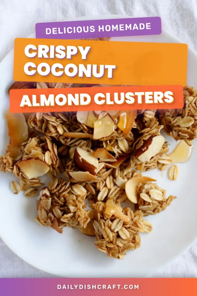 Looking for a delicious and healthy snack? Try this homemade coconut almond granola! Packed with rolled oats, unsweetened shredded coconut, and crunchy almonds, these granola clusters are the perfect gluten-free snack. This easy oat granola recipe takes just 35 minutes to make and is customizable with your favorite dried fruits. Save this healthy granola recipe for your next snack attack! #CoconutAlmondGranola #HealthySnacks #GlutenFree #OatGranolaRecipe