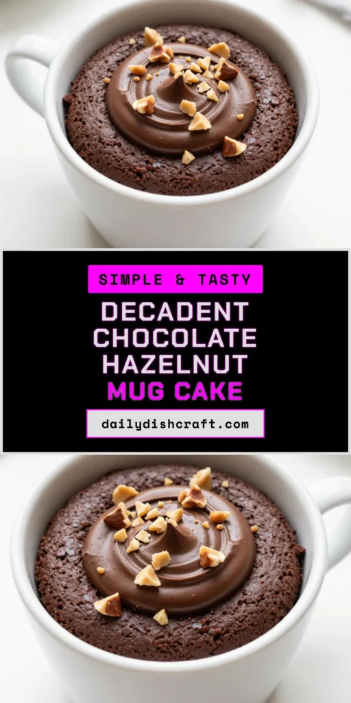 Indulge in a rich and gooey Chocolate Hazelnut Mug Cake that's perfect for satisfying your sweet cravings! This easy mug cake recipe delivers a delicious microwave cake in just minutes, making it the ultimate one serving chocolate dessert. Treat yourself to this delightful treat topped with extra chocolate hazelnut spread and chopped hazelnuts. Save this simple recipe for your next dessert fix! #MugCake #ChocolateHazelnut #DessertInMinutes #EasyDesserts