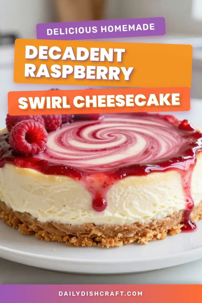 Indulge in this creamy Raspberry Swirl Cheesecake that's sure to impress! This easy raspberry cheesecake recipe combines tangy raspberry sauce with a luscious, no-bake cheesecake filling. Perfect for a fresh raspberry dessert, it's a crowd-pleaser that looks as good as it tastes. Get ready to elevate your dessert game&mdash;save this swirl cheesecake recipe for your next gathering! #RaspberryCheesecake #CreamyDessert #NoBakeCheesecake #FreshRaspberryDelight