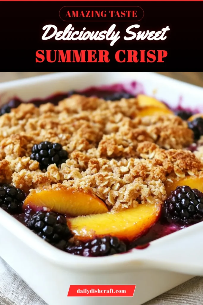 Indulge in this delicious blackberry peach crisp recipe, the perfect summer fruit dessert! Made with fresh blackberries and juicy peaches, this easy peach crisp is a delightful baked blackberry dessert that will impress every guest. With just a few simple ingredients, you can whip up this quick fruit crisp recipe in no time. Save this recipe for your next gathering and enjoy a sweet taste of summer! #BlackberryPeachCrisp #SummerDessert #EasyRecipe #FruitCrisp