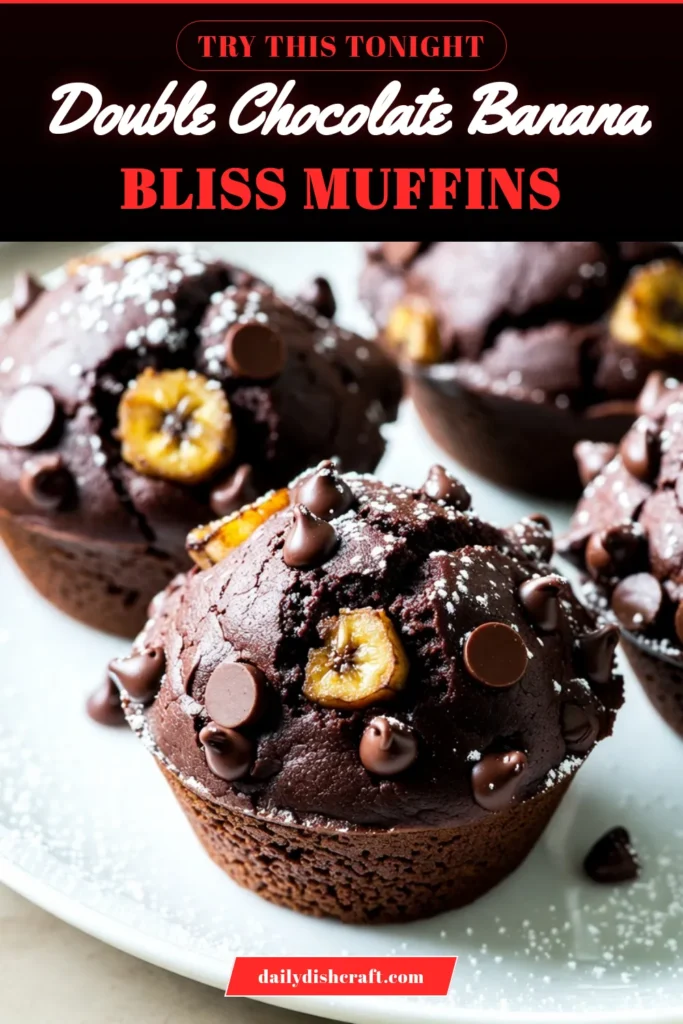 Indulge in these irresistible double chocolate banana muffins! Made with ripe bananas and rich cocoa, this easy banana muffin recipe is perfect for breakfast or a snack. Packed with chocolate chips and optional walnuts, these moist banana chocolate muffins are a healthier treat that everyone will love. Bake a batch today and enjoy the deliciousness. Save this recipe for your next baking adventure! #DoubleChocolateBananaMuffins #ChocolateChipBananaMuffins #HealthyBananaMuffins #EasyBananaMuffinRecipe