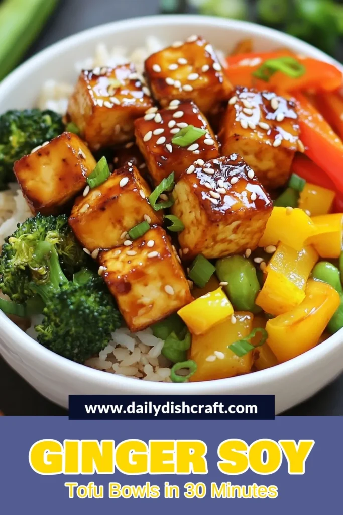 Enjoy a flavorful and nutritious meal with these ginger soy glazed tofu bowls! This tofu bowls recipe features perfectly saut&eacute;ed tofu glazed in a savory ginger soy mix, served over a bed of brown rice, quinoa, and vibrant vegetables. Ideal for healthy meal prep and a fantastic vegan ginger recipe that satisfies every craving. Try this easy and delicious ginger soy glazed tofu today and elevate your weeknight dinners! Save for later! #VeganRecipes #TofuBowls #HealthyMealPrep #GlutenFreeCooking
