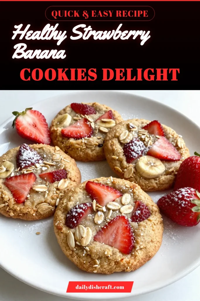Indulge in these delicious strawberry banana oatmeal cookies, a healthy oatmeal cookie recipe perfect for any time of day! These easy oatmeal cookies with fruit combine ripe bananas and fresh strawberries, delivering a burst of flavor. Try these vegan strawberry banana cookies that are made with almond butter for a nutty twist. Bake a batch today and enjoy guilt-free snacking! Save this recipe for your next baking session. #OatmealCookies #HealthySnacks #VeganBaking #FruitCookies