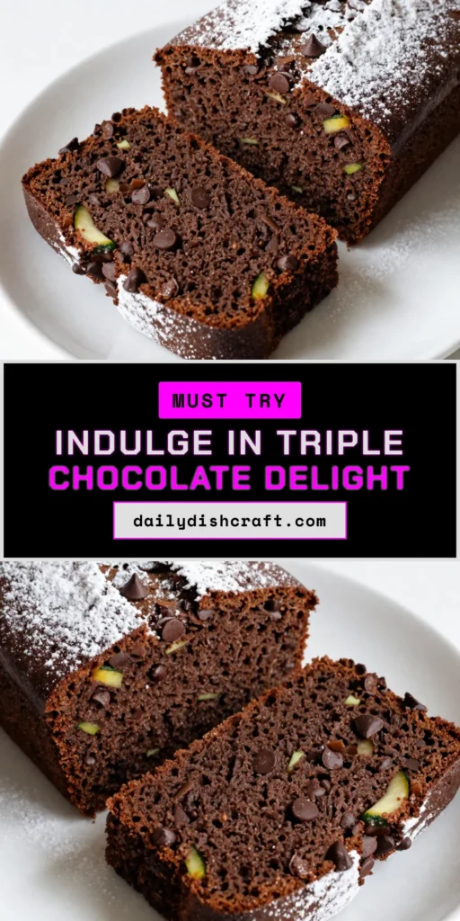 Indulge in a slice of heaven with this triple chocolate zucchini bread! This easy zucchini bread recipe combines grated zucchini, rich cocoa, and three types of chocolate for a moist and decadent dessert. Perfect for satisfying your chocolate cravings while sneaking in some veggies! Try this chocolate zucchini bread recipe today and enjoy a deliciously unique treat. Save for later and share the joy! #ZucchiniDessert #ChocolateZucchiniBread #BakingRecipes #DessertIdeas