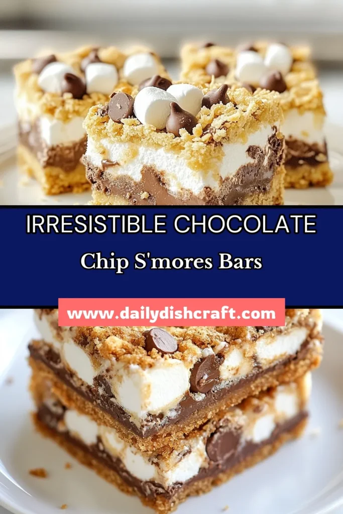 Indulge in these delicious chocolate chip s'mores bars, the ultimate easy s'mores recipe! Perfect for any occasion, these no bake s'mores bars combine gooey chocolate and toasted marshmallows layered over a graham cracker crust. They&rsquo;re a delightful chocolate marshmallow dessert that is sure to impress your guests. Try this simple recipe today and satisfy your sweet tooth! Save and share for later! #SmoreBars #DessertRecipe #NoBake #SweetTreats