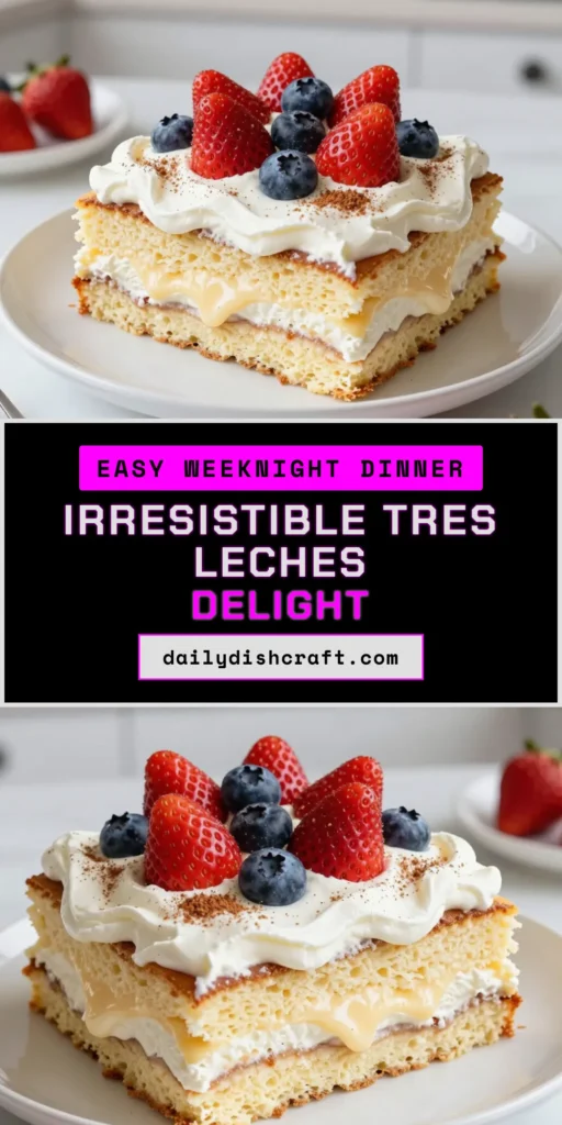 Indulge in the ultimate dessert with this Classic Tres Leches Cake Recipe. This Decadent Tres Leches Cake features a moist sponge soaked in a rich tres leches mixture, ensuring every bite is bursting with flavor. Perfect for any occasion, this Easy Tres Leches Cake is a crowd-pleaser. Experience the Authentic Tres Leches Cake that's considered the Best Tres Leches Cake you'll ever taste. Save this recipe and delight your guests! #TresLechesCake #CakeRecipe #DessertIdeas #BakingLove