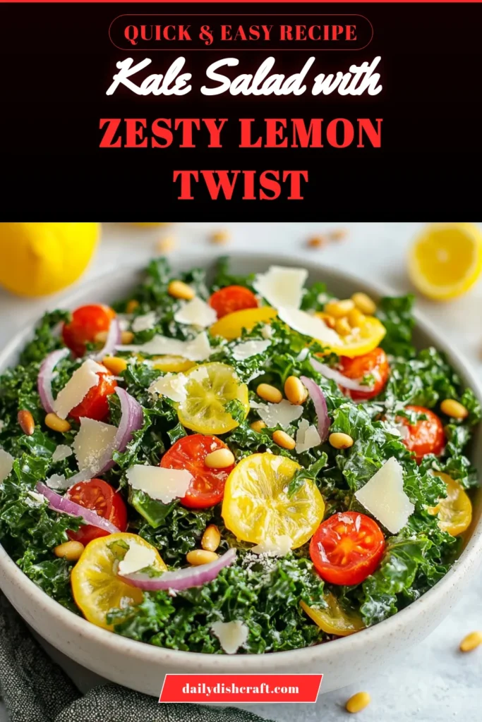Discover the delicious and nutritious Lemon Parmesan Kale Salad, a perfect blend of flavors that elevates any meal. This Healthy Kale Salad features fresh kale, rich Parmesan, toasted pine nuts, and vibrant cherry tomatoes, making it an ideal Vegetarian Salad with Lemon. With easy steps, this Parmesan Kale Recipe is ready in just 25 minutes! Try this refreshing dish today and enjoy a burst of zest in every bite! Save for later! #KaleSalad #EasyRecipes #Vegetarian #HealthyEating