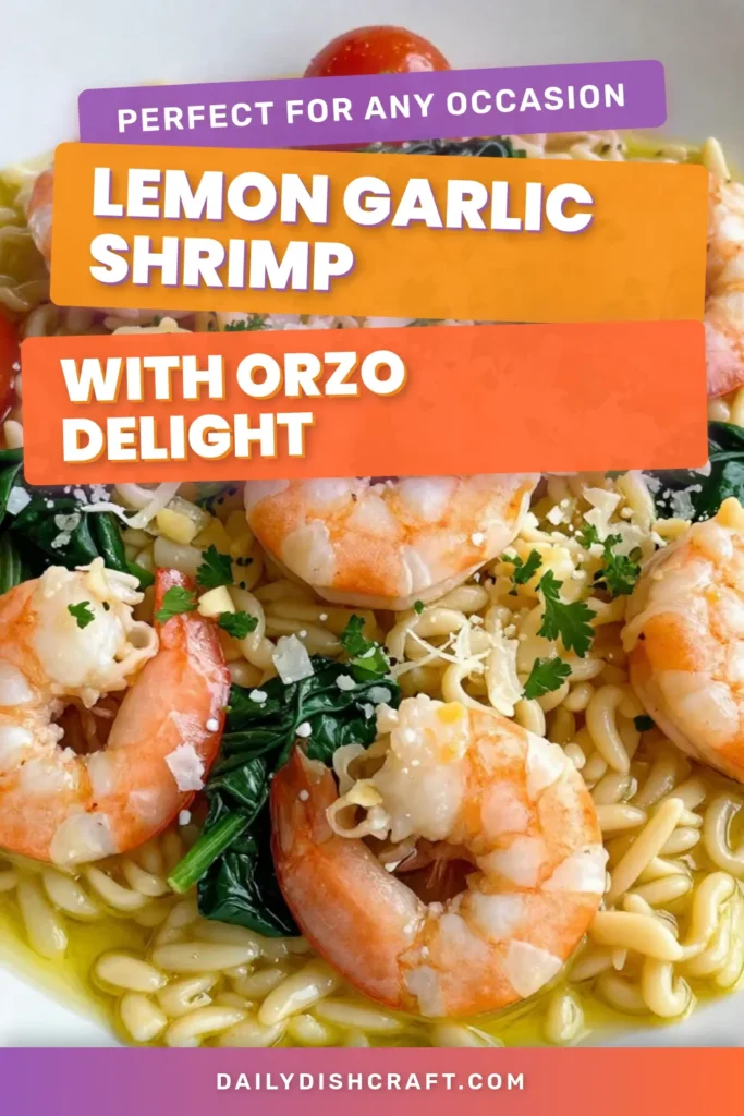 Delight in this easy lemon garlic shrimp recipe featuring orzo pasta! Ready in just 30 minutes, this shrimp and orzo dish combines fresh flavors with tender shrimp and vibrant spinach. Perfect for an easy shrimp dinner, you'll love the zesty lemon shrimp pasta that makes any meal feel special. Try it tonight and savor the deliciousness! Don't forget to save this for later! #ShrimpAndOrzo #EasyShrimpDinner #LemonGarlicShrimpRecipe #OrzoPastaDishes