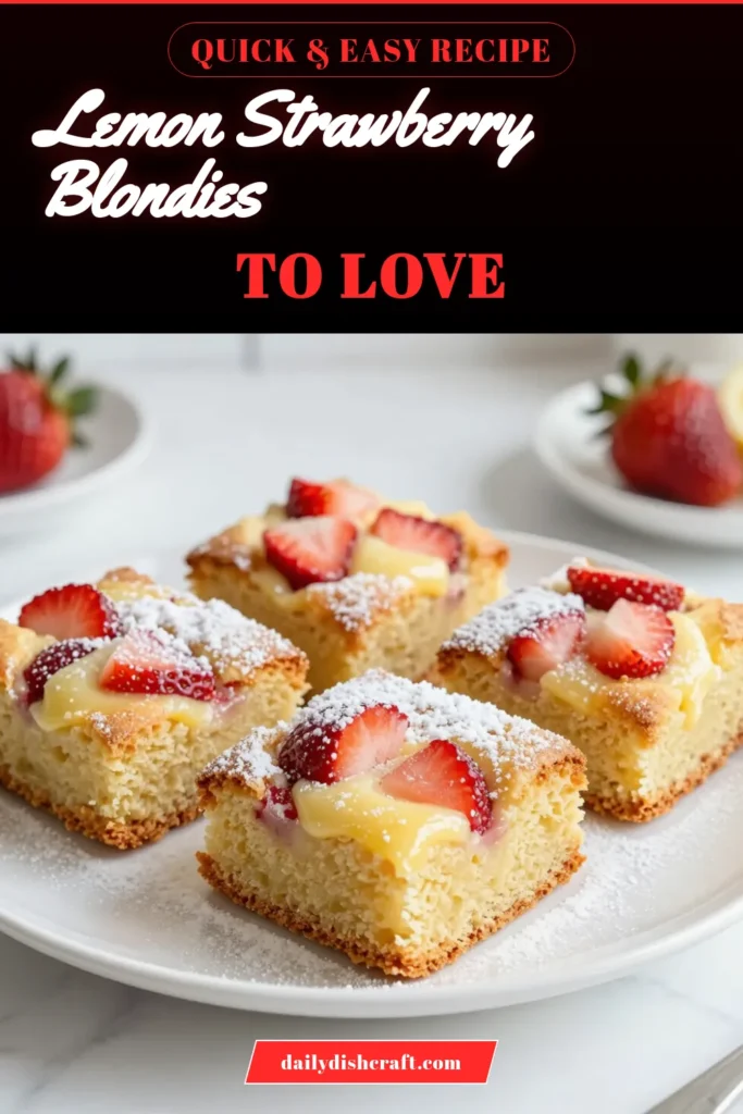 Indulge in these delectable strawberry lemon blondies that blend the sweetness of strawberries with a zesty lemon twist. This easy blondie recipe is perfect for a fun strawberry dessert recipe or lemon dessert bars. With fresh strawberries packed into every bite, these blondies with strawberries are sure to impress your friends and family. Try this delightful recipe today and satisfy your sweet tooth! Don&rsquo;t forget to save this recipe! #StrawberryLemonBlondies #DessertRecipes #EasyBlondieRecipe #BakingIdeas