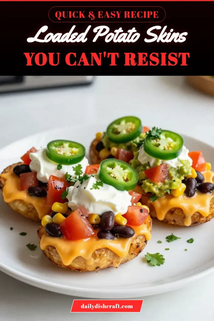 Indulge in these loaded nacho potato skins, the perfect cheesy potato skin recipe for any gathering! These baked potato skins with toppings are filled with creamy cheese, black beans, fresh vegetables, and topped with sour cream and guacamole for a tasty loaded potato skins appetizer. Create easy potato skin nachos that wow your guests! Try this recipe now and make your next snack unforgettable! Save for later! #LoadedNachoPotatoSkins #PotatoSkins #Appetizer #EasyRecipes