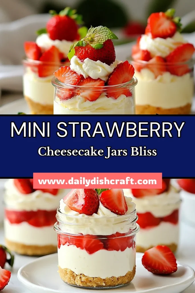 Indulge in these delicious mini strawberry cheesecake jars, the perfect no-bake cheesecake recipe for any occasion! These individual dessert jars are a hit among easy strawberry desserts lovers. Enjoy a creamy cheesecake with strawberries layered to perfection. Ideal for parties or a sweet treat at home! Try this simple recipe today and impress your friends and family. Don't forget to save this for later! #MiniStrawberryCheesecakeJars #NoBakeCheesecake #IndividualDessertJars #EasyStrawberryDesserts