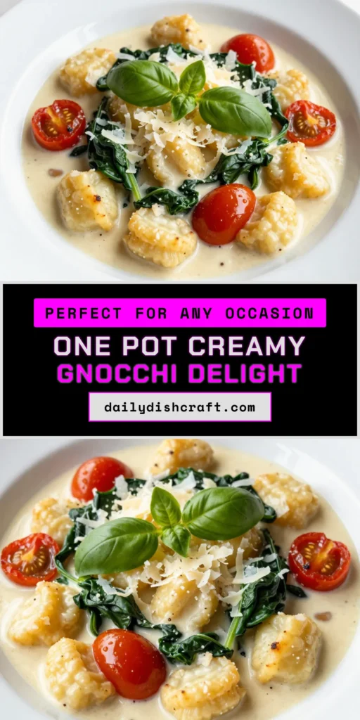 Indulge in a delectable One-Pot Gnocchi Recipe with our Creamy Tuscan Gnocchi! This Easy Gnocchi Dinner combines potato gnocchi, fresh spinach, and cherry tomatoes in a rich, creamy sauce, making it perfect for a quick One-Pot Pasta Meal. Ideal for busy weeknights, this Vegetarian Gnocchi Recipe is both satisfying and flavorful. Click to save this recipe for your next dinner! #OnePotGnocchi #CreamyGnocchi #VegetarianDinner #QuickMeals