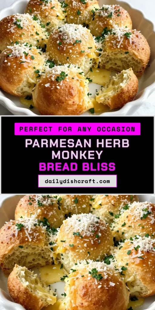 Discover the ultimate savory treat with this Parmesan Herb Monkey Bread! This easy monkey bread with cheese is perfect for gatherings, featuring delicious garlic Parmesan bread bites that everyone will love. Perfectly baked, this pull-apart monkey bread is a delightful addition to any meal. Don&rsquo;t miss out on making this mouthwatering savory monkey bread recipe. Save this recipe for your next get-together! #MonkeyBread #SavoryBaking #CheesyGoodness #EasyRecipes