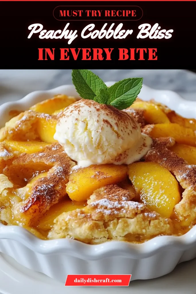 Indulge in the ultimate summer peach dessert with this delicious homemade peach cobbler recipe! Juicy peaches combined with a buttery, golden crust make for an easy peach dessert that everyone will love. Serve it warm with a scoop of vanilla ice cream for the perfect touch. Don't miss out on this delightful peach cobbler that&rsquo;s a must-try this season! Save this recipe and enjoy the taste of summer! #PeachCobblerRecipe #EasyPeachDessert #SummerPeachDessert #HomemadePeachCobbler