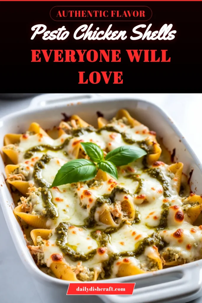 Discover the deliciousness of pesto chicken stuffed shells! This creamy stuffed pasta shells recipe combines tender jumbo shells with a flavorful mixture of shredded chicken, ricotta, and basil pesto, making it a perfect baked chicken pasta recipe for dinner. Ideal for busy weeknights, these easy pesto recipes impress without the fuss. Try it today and elevate your dinner game! Save this recipe now! #PastaLove #EasyDinner #PestoRecipes #ComfortFood