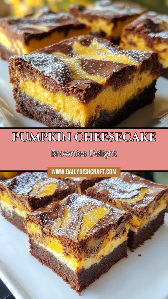 Indulge in these delicious pumpkin cheesecake brownies that combine the fudgy goodness of easy pumpkin brownies with a creamy, spiced pumpkin cheesecake layer. Perfect for fall dessert recipes, these chocolate pumpkin desserts will delight everyone's taste buds. Ideal for sharing or enjoying on a cozy night in, give this recipe a try and savor each bite! Save this pin for your next baking adventure! #PumpkinCheesecakeBrownies #FallDessertRecipes #ChocolatePumpkinDessert #EasyPumpkinBrownies