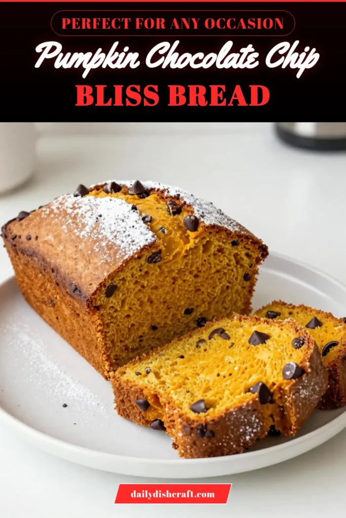 Savor the flavors of fall with this delicious Pumpkin Chocolate Chip Bread! This easy pumpkin bread recipe combines pure pumpkin puree, warm spices, and gooey chocolate chips for a moist pumpkin bread that's perfect for any quick pumpkin dessert or autumn gathering. Bake it today and enjoy its delightful aroma filling your home. Don't forget to save this fall baking recipe for later! #PumpkinBread #FallBaking #ChocolateChipBread #QuickDessert