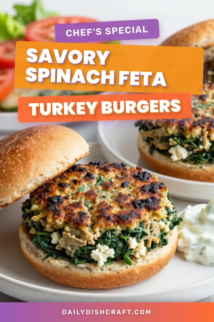 Discover the delicious and nutritious Spinach Feta Turkey Burgers! This Healthy Turkey Burger Recipe combines ground turkey with fresh spinach and feta for a mouthwatering experience. Perfect for a low-calorie meal, these Turkey Burgers with Spinach and Feta are easy to make and packed with flavor. Save this Ground Turkey Burger Recipe for a quick weeknight dinner that everyone will love. Try it today! #TurkeyBurgers #HealthyRecipes #LowCalorie #Feta