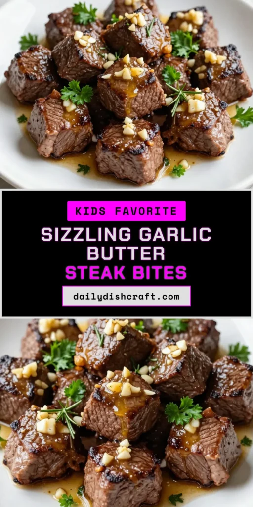 Indulge in these sizzling garlic butter steak bites that are perfect for any occasion! This easy steak appetizer features tender sirloin steak bites saut&eacute;ed in rich garlic butter for a flavor explosion. This quick steak bites recipe takes just 20 minutes to whip up, making it a fantastic option for busy weeknights. Discover how to make this mouthwatering garlic butter steak recipe and impress your guests. Save this recipe now! #SteakBites #EasyAppetizers #GarlicButter #QuickRecipes