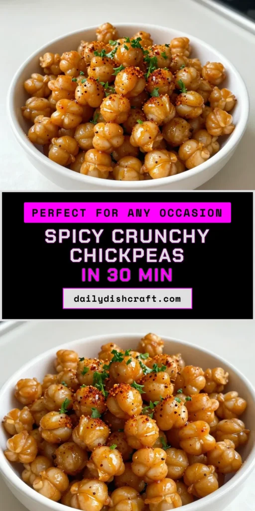 Looking for a deliciously addictive snack? Try these crunchy roasted chickpeas! This healthy chickpea recipe delivers a spicy chickpea snack that's perfect for any occasion. Made with oven roasted chickpeas, it's a vegan crunchy snack you'll love. Simple ingredients and easy steps yield a flavorful treat! Save this recipe for your next snack attack and enjoy a guilt-free indulgence! #ChickpeaSnack #HealthyEating #VeganRecipes #SnackIdeas