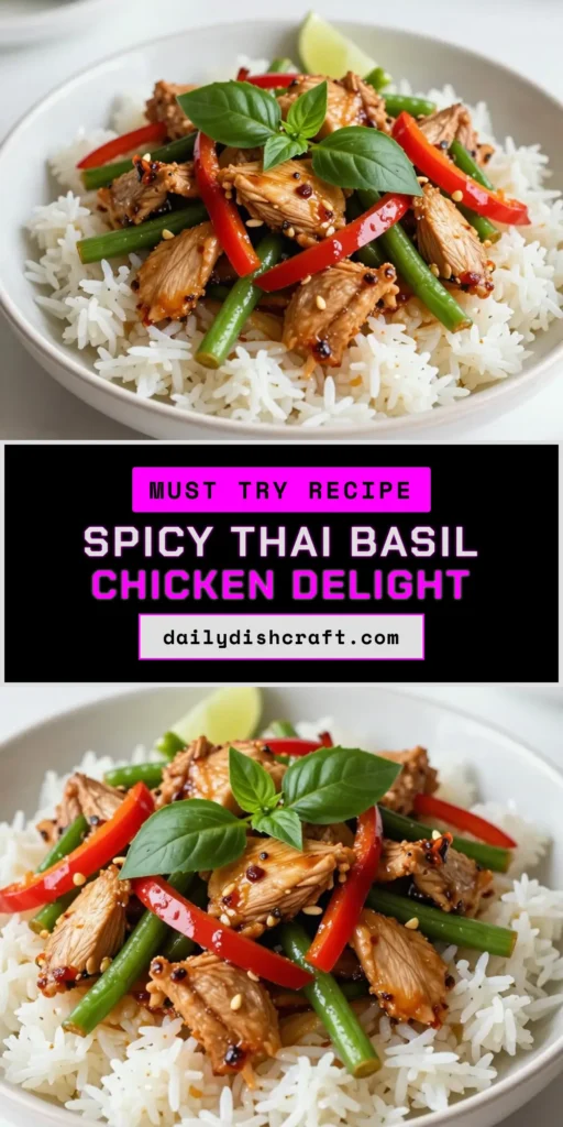 Discover the bold flavors of Spicy Thai Basil Chicken with this authentic Thai chicken recipe! Perfect for a quick chicken stir-fry, this Thai basil stir-fry recipe takes just 25 minutes. Packed with healthy ingredients, it&rsquo;s a fantastic choice for dinner. Serve it over jasmine rice for a satisfying meal. Try this easy and delicious dish today! Save the recipe for your next healthy Thai dinner ideas! #SpicyThaiBasilChicken #ThaiBasilStirFry #HealthyDinnerIdeas #QuickStirFry