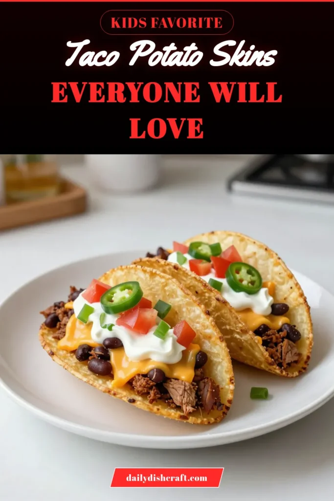 Savor the flavor with these delicious loaded taco potato skins! This taco potato skins recipe features cheesy loaded potato skins stuffed with seasoned ground turkey, black beans, and fresh veggies. They make the perfect baked potato skins with taco filling for game day or a fun family dinner. Get ready to impress your guests. Try this tasty ground turkey taco skins twist today! Pin for later! #TacoPotatoSkins #LoadedPotatoSkins #CheesyPotatoSkins #EasyRecipes