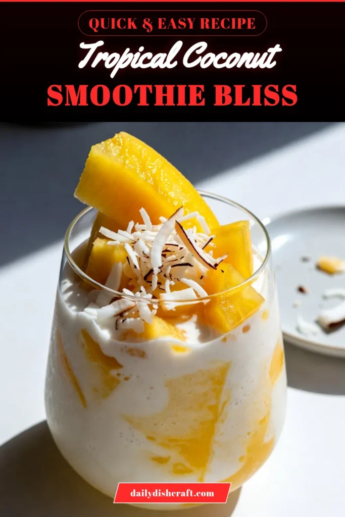 Looking for the perfect refreshing tropical drink? Try this Coconut Pineapple Smoothie! This delicious tropical smoothie recipe features fresh pineapple, creamy coconut, and a frozen banana for added sweetness. It's a healthy smoothie for summer that will keep you cool and energized. Blend it up in just 10 minutes and enjoy the tropical bliss! Save this easy banana coconut smoothie recipe for your next summer day! #TropicalSmoothie #HealthySmoothie #SummerDrinks #CoconutPineapple