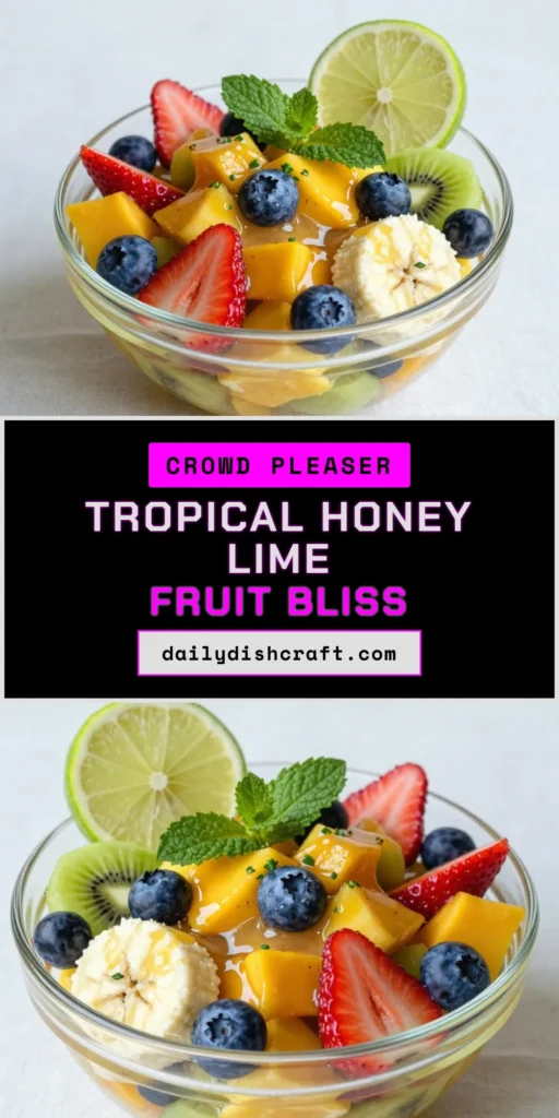 Indulge in the refreshing flavors of this Honey Lime Fruit Salad! This fresh fruit salad recipe is a delicious, healthy option perfect for summer gatherings. Bursting with strawberries, blueberries, kiwis, mango, and banana, it's an easy fruit salad with honey that everyone will love. Just 10 minutes to prepare, this vibrant dish will brighten your table. Try it today and enjoy the taste of summer! #HoneyLimeFruitSalad #FreshFruitSalad #HealthyFruitSalad #SummerFruitSalad