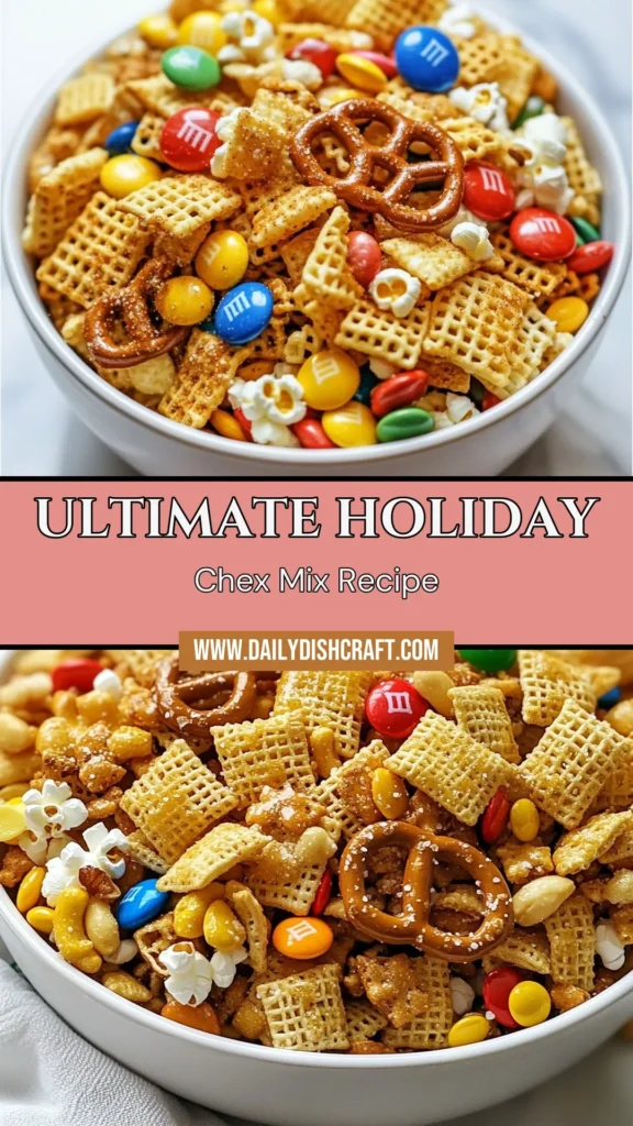 Get ready for the holidays with this Festive Chex Mix recipe! This easy holiday snack mix combines the timeless flavors of Rice, Corn, and Wheat Chex with mini pretzels, mixed nuts, and holiday M&M's for a delightful treat. Perfect for parties or cozy nights in, this Chex party mix recipe also includes a spicy twist for those who love a kick! Save this Spicy Chex mix and impress your guests! #HolidaySnack #ChexMix #EasyTreats #PartyFood