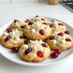 To make these white chocolate cranberry cookies, gather the following ingredients: - 1 cup unsalted butter, softened to room temperature - 3/4 cup packed brown sugar - 1/2 cup granulated sugar - 1 large egg, at room temperature - 1 teaspoon pure vanilla extract - 2 cups all-purpose flour - 1 teaspoon baking soda - 1/2 teaspoon fine sea salt - 1 cup creamy white chocolate chips - 1 cup dried cranberries - Zest of 1 orange (optional, for a zesty citrus aroma) If you need to make some swaps, here are a few ideas: - Use coconut oil in place of butter for a dairy-free option. - Try brown rice flour for a gluten-free alternative to all-purpose flour. - Substitute dark chocolate chips if you prefer a richer flavor. - Use maple syrup instead of granulated sugar for a different sweetness. Choosing the best ingredients makes a big difference. Here are my tips: - Buy fresh, high-quality eggs; they should feel heavy and have smooth shells. - Look for real vanilla extract instead of imitation for better flavor. - Choose unsalted butter for more control over the salt level. - Select white chocolate chips that contain real cocoa butter for a smooth melt. - For cranberries, pick ones that are plump and not overly dry; they add great flavor. These choices enhance your baking and lead to delicious cookies! {{ingredient_image_2}} Start by preheating your oven to 350&deg;F (175&deg;C). This helps the cookies bake evenly. While the oven heats, line a baking sheet with parchment paper. This step makes cleanup easy and prevents the cookies from sticking. In a large mixing bowl, add 1 cup of softened butter, 3/4 cup of brown sugar, and 1/2 cup of granulated sugar. Use an electric mixer on medium speed. Cream this mixture for about 2-3 minutes until it looks light and fluffy. This process adds air to the mix, making the cookies softer. In another bowl, combine 2 cups of all-purpose flour, 1 teaspoon of baking soda, and 1/2 teaspoon of fine sea salt. Whisk these dry ingredients together until they are well blended. This step ensures your cookies will rise properly and taste great. Now, add the dry ingredients to the butter-sugar mixture. Mix on low speed until just combined. Be careful not to overmix because this keeps the cookies tender. Then, gently fold in 1 cup of white chocolate chips and 1 cup of dried cranberries. You can add the zest of 1 orange here if you want a citrus touch. Use a cookie scoop or tablespoon to portion out the dough. Roll each piece into a ball and place them on the lined baking sheet. Keep them about 2 inches apart. This space allows the cookies to spread while baking. Bake in the preheated oven for 10-12 minutes. Look for a light golden color on the edges and soft centers. Once baked, take the cookies out and let them cool on the baking sheet for 5 minutes. This cooling time helps them set. Afterward, transfer the cookies to a wire rack to cool completely. For a fun touch, arrange them on a decorative plate. You can garnish with extra dried cranberries and white chocolate shavings. Enjoy with a glass of cold milk or tea! To get the best texture in your white chocolate cranberry cookies, focus on a few key steps. First, use softened butter. This helps the sugars mix well. Cream the butter and sugars for a good 2-3 minutes until it is light and fluffy. This adds air to the mix, making your cookies soft. Next, don&rsquo;t overmix the dough. After adding the dry ingredients, mix just until combined. Overmixing can make cookies tough. Finally, make sure to bake the cookies until they are lightly golden at the edges. This keeps the centers soft and chewy. Many bakers make simple mistakes that affect their cookies. One common error is using cold butter. Cold butter does not cream well. It leads to dense cookies. Another mistake is not measuring flour correctly. Too much flour can make your cookies dry. Also, don&rsquo;t skip the chilling step if you want thicker cookies. Chilling the dough for at least 30 minutes helps prevent spreading during baking. Lastly, avoid opening the oven door too soon. This can cause your cookies to bake unevenly. Using the right tools makes baking easier and more fun. Here is a list of must-have tools for making white chocolate cranberry cookies: - Electric mixer: For creaming butter and sugars easily. - Mixing bowls: One large for wet ingredients and one for dry. - Rubber spatula: Perfect for folding in chocolate chips and cranberries. - Cookie scoop: This helps you portion dough evenly. - Parchment paper: Line your baking sheet to prevent sticking. - Wire rack: For cooling cookies evenly after baking. These tools will help you create the best cookies possible! Pro Tips Chill the Dough: For thicker cookies, chill the dough for at least 30 minutes before baking. This will help prevent spreading and result in a chewier texture. Use High-Quality Chocolate: Selecting premium white chocolate chips will enhance the flavor of your cookies significantly. Look for brands with a high cocoa butter content. Experiment with Add-ins: Feel free to add nuts, like macadamia or walnuts, for extra crunch and flavor. You can also try different dried fruits such as cherries or apricots. Storage Tips: Store your cookies in an airtight container at room temperature for up to a week. For longer freshness, freeze them in a single layer and transfer to a container once solid. {{image_4}} You can add a fun twist to your white chocolate cranberry cookies. One simple way is to include citrus zest. The zest of one orange brings a bright flavor. It also adds a lovely aroma to your cookies. Just mix the zest in when you fold in the white chocolate chips and cranberries. You can also try lemon or lime zest for a different zing. Mixing in nuts or other types of chocolate is a great idea. Chopped walnuts or pecans add a nice crunch. You can also swap white chocolate for dark or milk chocolate chips. This gives you more flavor options. For a fun spin, try adding toffee bits or mini chocolate bars, too. These mix-ins let you create a cookie that suits your taste. If you need a gluten-free version, don&rsquo;t worry! You can easily substitute the all-purpose flour. Use a gluten-free flour blend instead. Just make sure it includes xanthan gum to help with texture. Follow the same steps in the recipe, and your cookies will be just as good. Enjoying these delightful treats can be easy for everyone! To keep your white chocolate cranberry cookies fresh, store them in an airtight container. This helps keep them soft and chewy. You can place parchment paper between layers to avoid sticking. If you have more cookies than you can eat, consider freezing some for later! Freezing cookies is easy and fun! First, allow your cookies to cool completely. Then, arrange them in a single layer on a baking sheet. Place the sheet in the freezer for a few hours. Once frozen, transfer the cookies to a freezer bag. Remove as much air as possible to prevent freezer burn. Label the bag with the date. When stored properly, these cookies can last about a week at room temperature. They will stay fresh for up to three months in the freezer. If you want to maintain softness, reheat them briefly in the microwave or oven before serving. Enjoy that delightful taste again! Yes, you can use dark chocolate chips. Dark chocolate adds a rich flavor. It also gives a nice contrast to the sweet cranberries. Adjust the sugar if you want a less sweet cookie. Try it for a bold twist on the classic recipe. To make chewy cookies, use more brown sugar than white sugar. Brown sugar adds moisture. Also, do not overmix the dough. This keeps the cookies soft. Bake for a shorter time, just until the edges are light golden. Let the cookies cool on the sheet for a few minutes. This helps them stay chewy. You can substitute butter with coconut oil or applesauce. Coconut oil gives a nice flavor and keeps the cookies moist. Applesauce can make the cookies soft and lower in fat. If using applesauce, reduce the sugar since it adds natural sweetness. Absolutely! Nuts are a great addition. Walnuts or pecans work well with the cranberries. Chop the nuts into small pieces and fold them in with the chocolate chips and cranberries. This adds a nice crunch and extra flavor to your cookies. In this blog post, we explored cookies from scratch. We covered essential ingredients, substitutions, and how to choose the best ones. I gave you step-by-step instructions to bake perfect cookies. I included tips to achieve great texture, avoid common mistakes, and tools you'll need. We also looked at fun variations and how to store your cookies to keep them fresh. Remember, baking is about having fun, so experiment and enjoy the process! Happy baking!