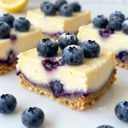 - 1 &frac12; cups graham cracker crumbs - &frac12; cup unsalted butter, melted - 2 cups cream cheese, softened - &frac34; cup granulated sugar - 2 large eggs - 1 teaspoon pure vanilla extract - Zest and juice of 1 lemon - 1 cup fresh blueberries - 1 tablespoon cornstarch - &frac12; teaspoon fine salt - Additional fresh blueberries - Powdered sugar When I make blueberry lemon cheesecake bars, I start with the essential ingredients. The graham cracker crumbs form a delicious crust. The melted butter helps bind the crumbs. Cream cheese is the star of the filling, giving it that rich, creamy texture. Next, I add granulated sugar, which sweetens the bars perfectly. The eggs help set the filling, ensuring it holds together. Pure vanilla extract adds a warm flavor that balances the tartness of lemon. The zest and juice of one lemon are key. They bring brightness to the bars. Fresh blueberries add a burst of flavor and color. I toss them with cornstarch to prevent them from sinking. Finally, a pinch of fine salt enhances all the flavors. For a special touch, I sometimes add extra blueberries on top. A light dusting of powdered sugar makes the bars look elegant and inviting. With these ingredients, you can create a delightful treat that everyone will love. {{ingredient_image_2}} - Preheat your oven to 350&deg;F (175&deg;C). - In a bowl, mix 1 &frac12; cups graham cracker crumbs and &frac12; cup melted butter. - Press this mixture firmly into a 9x9 inch baking pan. Bake for 8-10 minutes until golden. Let it cool completely. - In a large bowl, beat 2 cups softened cream cheese and &frac34; cup sugar until smooth. - Add 2 large eggs, 1 teaspoon vanilla, zest of 1 lemon, and &frac14; cup lemon juice. Mix well. - In a small bowl, toss 1 cup fresh blueberries with 1 tablespoon cornstarch. Fold them gently into the mixture. - Pour the cheesecake filling over the cooled crust. Smooth it out evenly. - Bake for 30-35 minutes or until the edges are set. The center should jiggle slightly. - After baking, let the cheesecake cool to room temperature. Refrigerate for at least 4 hours, or overnight for the best flavor. - Once chilled, lift the bars out of the pan using the parchment paper. - Cut into squares or rectangles as you prefer. - You can serve them topped with extra blueberries and a sprinkle of powdered sugar for a nice touch. Using room temperature ingredients is very important. It helps the cream cheese mix evenly. Cold cream cheese can create lumps in your batter. Always let your cream cheese sit out for about an hour. This will make it soft and easy to blend. Avoid over-mixing your cheesecake batter. After adding the eggs, mix just until combined. Too much mixing can add air, making your bars puff up. You want a smooth and creamy texture. Set your oven to 350&deg;F (175&deg;C) for the best results. If your oven runs hot, check with an oven thermometer. This way, you avoid baking your cheesecake bars too quickly. To check for doneness, look for set edges and a slight jiggle in the center. The center should not look liquidy. If it does, bake for a few more minutes. You can try adding different flavorings to your cheesecake. A splash of almond extract gives a nice touch. You can also mix in some lemon zest for extra brightness. When serving, garnish your bars with fresh blueberries. A light dusting of powdered sugar adds a sweet touch. You can also serve them with whipped cream or a dollop of yogurt for added creaminess. Pro Tips Use Room Temperature Ingredients: Ensure that your cream cheese and eggs are at room temperature before mixing. This helps create a smoother and creamier cheesecake filling without lumps. Don&rsquo;t Overmix: When incorporating the eggs, mix just until combined. Overmixing can introduce too much air, causing the cheesecake to crack during baking. Watch the Baking Time: The cheesecake bars are done when the edges are set but the center still has a slight jiggle. This ensures a creamy texture after chilling. Chill Overnight: For the best flavor and texture, refrigerate the cheesecake bars overnight. This allows the flavors to meld and the bars to fully set. {{image_4}} You can easily change the flavor of your cheesecake bars. - Swap blueberries for other berries: Try raspberries, strawberries, or blackberries. Each berry adds its own taste and color. Experiment to find your favorite combo. - Adding chocolate swirls: Melt some dark or white chocolate. Swirl it into the cheesecake mix before baking. This adds a rich flavor that pairs well with lemon. You can make your cheesecake bars more healthy with simple swaps. - Low-fat cream cheese substitutes: Use low-fat cream cheese instead of regular. It still tastes great and cuts some calories. - Gluten-free crust options: Use almond flour or gluten-free cookies for the crust. This way, everyone can enjoy your bars. Seasonal fruits can make these bars even more special. - Incorporating seasonal fruits: In summer, use fresh peaches or cherries. In fall, try diced apples or pears. Each fruit brings a new twist to your dessert. - Adjusting sweetness for different times of year: Depending on the fruit, you might need less sugar. Taste as you go to get the right balance. To keep your blueberry lemon cheesecake bars fresh, store them in the fridge. Place the bars in an airtight container. This will help them stay moist and tasty. If you don&rsquo;t have a container, cover them tightly with plastic wrap. This will keep the air out and prevent drying. You can freeze cheesecake bars for later. Freeze them after baking and cooling. Cut the bars into squares before freezing. Wrap each piece in plastic wrap, then place them in a freezer bag. To thaw, take them out of the freezer. Leave them in the fridge overnight. This keeps them from getting soggy. These cheesecake bars last about 5 days in the fridge. If you see any mold or odd smells, do not eat them. It's best to throw them away if you notice any spoilage. Enjoy them fresh for the best taste! Yes, you can use frozen blueberries. Just toss them in cornstarch before adding. This helps prevent them from sinking and keeps your bars looking great. Thawing the berries first is not needed, but if you do, be sure to drain any excess liquid. These cheesecake bars last up to five days in the fridge. Store them in an airtight container to keep them fresh. If you want to enjoy them longer, freeze them. They can last up to three months in the freezer if wrapped well. Yes, you can make cheesecake bars without eggs. Use a mix of silken tofu or a plant-based egg substitute. This keeps the texture creamy without eggs. It may change the taste slightly, but it still works well. To cut cheesecake bars neatly, use a sharp knife. Dip the knife in hot water, wipe it dry, and then slice. This method gives clean edges. Repeat this process for each cut to keep your bars looking nice. You can prepare the cheesecake mixture ahead. Store it in the fridge for a few hours before baking. Just mix everything together and cover it tightly. When ready, pour it over the crust and bake as directed. A scoop of vanilla ice cream pairs well with these bars. You can also serve them with whipped cream or a drizzle of lemon glaze. Fresh mint leaves add a nice touch too. These ideas enhance the flavors and make your dessert pop! You learned how to make delicious blueberry lemon cheesecake bars. We covered the ingredients, baking steps, and helpful tips. Remember to use room temperature ingredients for the best texture. You can try different flavors and healthy swaps to suit your taste. Store the bars properly for freshness, and don&rsquo;t hesitate to ask about any questions. Enjoy making your cheesecake bars and sharing them with friends!