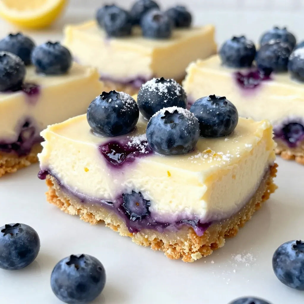 - 1 ½ cups graham cracker crumbs - ½ cup unsalted butter, melted - 2 cups cream cheese, softened - ¾ cup granulated sugar - 2 large eggs - 1 teaspoon pure vanilla extract - Zest and juice of 1 lemon - 1 cup fresh blueberries - 1 tablespoon cornstarch - ½ teaspoon fine salt - Additional fresh blueberries - Powdered sugar When I make blueberry lemon cheesecake bars, I start with the essential ingredients. The graham cracker crumbs form a delicious crust. The melted butter helps bind the crumbs. Cream cheese is the star of the filling, giving it that rich, creamy texture. Next, I add granulated sugar, which sweetens the bars perfectly. The eggs help set the filling, ensuring it holds together. Pure vanilla extract adds a warm flavor that balances the tartness of lemon. The zest and juice of one lemon are key. They bring brightness to the bars. Fresh blueberries add a burst of flavor and color. I toss them with cornstarch to prevent them from sinking. Finally, a pinch of fine salt enhances all the flavors. For a special touch, I sometimes add extra blueberries on top. A light dusting of powdered sugar makes the bars look elegant and inviting. With these ingredients, you can create a delightful treat that everyone will love. {{ingredient_image_2}} - Preheat your oven to 350°F (175°C). - In a bowl, mix 1 ½ cups graham cracker crumbs and ½ cup melted butter. - Press this mixture firmly into a 9x9 inch baking pan. Bake for 8-10 minutes until golden. Let it cool completely. - In a large bowl, beat 2 cups softened cream cheese and ¾ cup sugar until smooth. - Add 2 large eggs, 1 teaspoon vanilla, zest of 1 lemon, and ¼ cup lemon juice. Mix well. - In a small bowl, toss 1 cup fresh blueberries with 1 tablespoon cornstarch. Fold them gently into the mixture. - Pour the cheesecake filling over the cooled crust. Smooth it out evenly. - Bake for 30-35 minutes or until the edges are set. The center should jiggle slightly. - After baking, let the cheesecake cool to room temperature. Refrigerate for at least 4 hours, or overnight for the best flavor. - Once chilled, lift the bars out of the pan using the parchment paper. - Cut into squares or rectangles as you prefer. - You can serve them topped with extra blueberries and a sprinkle of powdered sugar for a nice touch. Using room temperature ingredients is very important. It helps the cream cheese mix evenly. Cold cream cheese can create lumps in your batter. Always let your cream cheese sit out for about an hour. This will make it soft and easy to blend. Avoid over-mixing your cheesecake batter. After adding the eggs, mix just until combined. Too much mixing can add air, making your bars puff up. You want a smooth and creamy texture. Set your oven to 350°F (175°C) for the best results. If your oven runs hot, check with an oven thermometer. This way, you avoid baking your cheesecake bars too quickly. To check for doneness, look for set edges and a slight jiggle in the center. The center should not look liquidy. If it does, bake for a few more minutes. You can try adding different flavorings to your cheesecake. A splash of almond extract gives a nice touch. You can also mix in some lemon zest for extra brightness. When serving, garnish your bars with fresh blueberries. A light dusting of powdered sugar adds a sweet touch. You can also serve them with whipped cream or a dollop of yogurt for added creaminess. Pro Tips Use Room Temperature Ingredients: Ensure that your cream cheese and eggs are at room temperature before mixing. This helps create a smoother and creamier cheesecake filling without lumps. Don’t Overmix: When incorporating the eggs, mix just until combined. Overmixing can introduce too much air, causing the cheesecake to crack during baking. Watch the Baking Time: The cheesecake bars are done when the edges are set but the center still has a slight jiggle. This ensures a creamy texture after chilling. Chill Overnight: For the best flavor and texture, refrigerate the cheesecake bars overnight. This allows the flavors to meld and the bars to fully set. {{image_4}} You can easily change the flavor of your cheesecake bars. - Swap blueberries for other berries: Try raspberries, strawberries, or blackberries. Each berry adds its own taste and color. Experiment to find your favorite combo. - Adding chocolate swirls: Melt some dark or white chocolate. Swirl it into the cheesecake mix before baking. This adds a rich flavor that pairs well with lemon. You can make your cheesecake bars more healthy with simple swaps. - Low-fat cream cheese substitutes: Use low-fat cream cheese instead of regular. It still tastes great and cuts some calories. - Gluten-free crust options: Use almond flour or gluten-free cookies for the crust. This way, everyone can enjoy your bars. Seasonal fruits can make these bars even more special. - Incorporating seasonal fruits: In summer, use fresh peaches or cherries. In fall, try diced apples or pears. Each fruit brings a new twist to your dessert. - Adjusting sweetness for different times of year: Depending on the fruit, you might need less sugar. Taste as you go to get the right balance. To keep your blueberry lemon cheesecake bars fresh, store them in the fridge. Place the bars in an airtight container. This will help them stay moist and tasty. If you don’t have a container, cover them tightly with plastic wrap. This will keep the air out and prevent drying. You can freeze cheesecake bars for later. Freeze them after baking and cooling. Cut the bars into squares before freezing. Wrap each piece in plastic wrap, then place them in a freezer bag. To thaw, take them out of the freezer. Leave them in the fridge overnight. This keeps them from getting soggy. These cheesecake bars last about 5 days in the fridge. If you see any mold or odd smells, do not eat them. It's best to throw them away if you notice any spoilage. Enjoy them fresh for the best taste! Yes, you can use frozen blueberries. Just toss them in cornstarch before adding. This helps prevent them from sinking and keeps your bars looking great. Thawing the berries first is not needed, but if you do, be sure to drain any excess liquid. These cheesecake bars last up to five days in the fridge. Store them in an airtight container to keep them fresh. If you want to enjoy them longer, freeze them. They can last up to three months in the freezer if wrapped well. Yes, you can make cheesecake bars without eggs. Use a mix of silken tofu or a plant-based egg substitute. This keeps the texture creamy without eggs. It may change the taste slightly, but it still works well. To cut cheesecake bars neatly, use a sharp knife. Dip the knife in hot water, wipe it dry, and then slice. This method gives clean edges. Repeat this process for each cut to keep your bars looking nice. You can prepare the cheesecake mixture ahead. Store it in the fridge for a few hours before baking. Just mix everything together and cover it tightly. When ready, pour it over the crust and bake as directed. A scoop of vanilla ice cream pairs well with these bars. You can also serve them with whipped cream or a drizzle of lemon glaze. Fresh mint leaves add a nice touch too. These ideas enhance the flavors and make your dessert pop! You learned how to make delicious blueberry lemon cheesecake bars. We covered the ingredients, baking steps, and helpful tips. Remember to use room temperature ingredients for the best texture. You can try different flavors and healthy swaps to suit your taste. Store the bars properly for freshness, and don’t hesitate to ask about any questions. Enjoy making your cheesecake bars and sharing them with friends!
