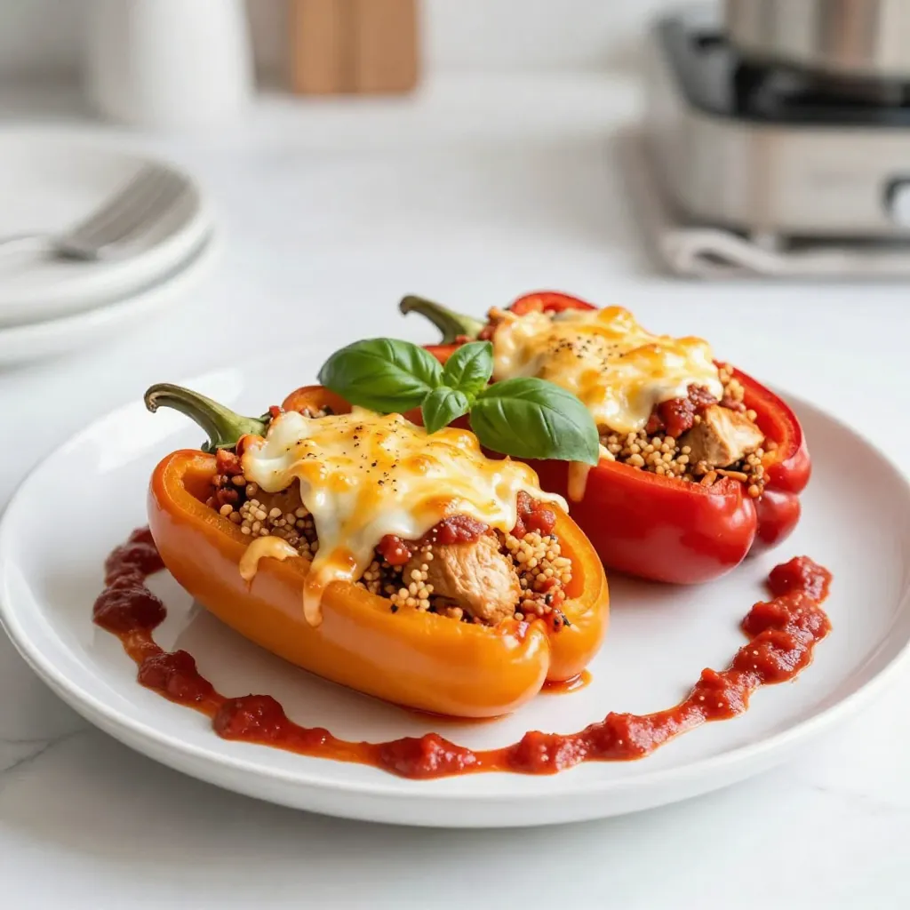 To make Chicken Parmesan Stuffed Peppers, you need the following ingredients: - 4 large bell peppers - 1 lb ground chicken - 1 cup marinara sauce - 1 cup shredded mozzarella cheese - 1/2 cup grated Parmesan cheese - 1 cup cooked quinoa (or rice) - 1 teaspoon Italian seasoning - 1/2 teaspoon garlic powder - Salt and black pepper to taste - Fresh basil leaves for garnish These simple ingredients come together to create a tasty dish. Choose bell peppers that are firm and bright. You can use any color you like, such as red, green, yellow, or orange. Ground chicken gives the filling a juicy texture. Marinara sauce adds a rich flavor. Using quinoa or rice makes this meal filling and hearty. Italian seasoning and garlic powder give it a nice aroma. Salt and pepper enhance all the flavors in the dish. Finally, fresh basil leaves add a pop of color and fresh taste. Gather these ingredients for a fun and easy cooking adventure! {{ingredient_image_2}} - Preheat the oven and prepare the peppers First, set your oven to 375°F (190°C). While it heats, take four large bell peppers and slice off the tops. Remove the seeds and membranes to make room for the filling. Place them cut-side up in a baking dish. - Sauté the ground chicken In a large skillet, add a splash of olive oil and heat it over medium. Add one pound of ground chicken. Cook it for about 5-7 minutes. Use a spatula to break it apart. Cook until it turns brown and is no longer pink. - Combine the filling ingredients After the chicken is cooked, stir in one cup of marinara sauce. Then add one cup of cooked quinoa, one teaspoon of Italian seasoning, and half a teaspoon of garlic powder. Season with salt and black pepper to taste. Mix everything well. - Fill the peppers and add cheese Now, stir in half of the shredded mozzarella cheese and half of the grated Parmesan cheese into the chicken mixture. Spoon the filling into each pepper until they are full. Top the peppers with the rest of the mozzarella and Parmesan. - Bake the stuffed peppers To add flavor, pour a bit of extra marinara sauce around the base of the peppers. Cover the dish tightly with aluminum foil. Bake for 25 minutes. Then, remove the foil and bake for another 10-15 minutes. Keep an eye on them until the cheese is golden and bubbly. Once done, let them cool for about 5 minutes and garnish with fresh basil leaves. Enjoy your meal! - How to choose the best peppers: Look for peppers that are firm and shiny. Choose ones with no soft spots. Red, yellow, or green are all good options. - Ensuring even cooking: Cut the tops off the peppers evenly. Remove all seeds and membranes. This helps them cook uniformly. - Achieving gooey cheese texture: Mix half the cheese into the filling for a creamy base. Add the rest on top before baking for a bubbly finish. - Best sides to pair with stuffed peppers: Serve with a simple salad or garlic bread. These sides balance the meal nicely. - Presentation ideas: Use a bright plate for serving. Drizzle extra marinara sauce around the peppers for a nice touch. - Garnishes for added flavor: Fresh basil leaves add color and enhance the flavor. You can also sprinkle extra cheese on top before serving. Pro Tips Choose the Right Peppers: Opt for firm, vibrant bell peppers to ensure they hold their shape during baking and provide a sweet flavor contrast to the savory filling. Customize the Filling: Feel free to add in other vegetables like spinach or mushrooms to the filling for added nutrients and flavor. You can also substitute ground chicken with turkey or beef. Cheese Variations: Experiment with different cheeses for a unique twist. Try adding provolone or gouda for a richer taste or use dairy-free cheese for a vegan option. Make Ahead: Prepare the stuffed peppers in advance and store them in the fridge for up to a day before baking. This allows the flavors to meld together beautifully. {{image_4}} You can change the protein in your stuffed peppers. Instead of ground chicken, try ground turkey or beef. For a vegetarian option, use black beans or lentils as a base. Each option has its own flavor. If you need gluten-free choices, swap the quinoa with rice or cauliflower rice. Both work well and add different textures. When it comes to cheese, feel free to mix it up. Try a blend of provolone and fontina for a rich taste. You can also use dairy-free cheese if you want. To boost the flavor of your filling, add spices and herbs. Red pepper flakes can add heat, while fresh parsley or oregano brightens the dish. You can also toss in chopped vegetables. Spinach, mushrooms, or zucchini add great texture and nutrition. Just sauté them with the chicken for a few minutes. Sauces can change the flavor, too. Instead of marinara, use pesto or Alfredo sauce for a twist. A splash of balsamic vinegar can enhance the taste as well. To store your Chicken Parmesan Stuffed Peppers, let them cool first. Then, place them in an airtight container. Make sure the lid seals tightly. This helps keep them fresh. Store them in the fridge for up to three days. If you want to save space, slice the peppers in half before storing. You can freeze stuffed peppers before or after baking. For freezing before baking, prepare the peppers and filling, then stuff the peppers. Wrap them tightly in plastic wrap. Place them in a freezer-safe bag or container. They can last for up to three months in the freezer. If you freeze them after baking, let them cool completely first. Then, wrap each pepper in foil or plastic wrap. Store them in a freezer-safe container. To reheat, you can bake them at 350°F (175°C) for about 30 minutes, or until heated through. Alternatively, you can microwave them. Just place a pepper on a microwave-safe plate and heat for about 3-5 minutes. Enjoy your delicious meal anytime! Yes, you can make these stuffed peppers ahead of time. Prepare them fully and store them in the fridge. Just cover the dish tightly with plastic wrap or foil. They stay fresh for a day or two. When ready to eat, bake them straight from the fridge. To reheat leftover stuffed peppers, preheat your oven to 350°F (175°C). Place the peppers in a baking dish. Add a splash of marinara sauce to keep them moist. Cover with foil and bake for about 20 minutes. This keeps them warm and cheesy. I do not recommend using raw chicken. The filling needs to be fully cooked before you stuff the peppers. Raw chicken can lead to uneven cooking and food safety issues. Always cook the chicken first for best results. Stuffed peppers are quite healthy. They are low in carbs and rich in protein. You fill them with lean ground chicken, veggies, and quinoa. This combo makes a balanced meal packed with nutrients. The marinara sauce adds flavor without too many calories. Stuffed peppers last about 3 to 5 days in the refrigerator. Make sure to store them in an airtight container. If they smell off or look strange, it’s best to throw them out. Fresh is always better! You learned how to make tasty Chicken Parmesan Stuffed Peppers. We covered the ingredients, steps, and tips. You can also explore variations and storage options. This dish is easy to customize and great for any meal. Enjoy your cooking and try different flavors to make it your own. Stuffed peppers are not just delicious—they are also fun to prepare. Get creative and share your unique twists with family and friends!