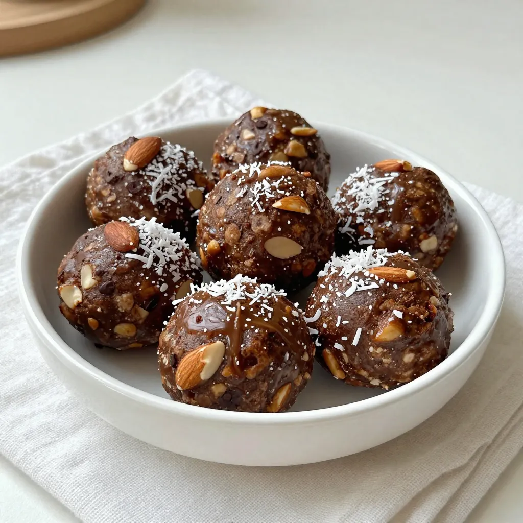 To make Almond Joy Energy Balls, gather these ingredients: - 1 cup pitted dates - 1 cup creamy almond butter - 1 cup unsweetened shredded coconut - 1/2 cup raw almonds, roughly chopped - 1/4 cup unsweetened cocoa powder - 1 tsp pure vanilla extract - A pinch of fine sea salt If you like your energy balls sweeter, consider adding: - 2 tablespoons honey - 2 tablespoons maple syrup These options let you tweak the flavor just how you like it. You can swap some ingredients to fit your taste: - Use peanut butter instead of almond butter for a different flavor. - Try other nuts like walnuts or pecans in place of almonds. - Replace shredded coconut with oat flakes if you prefer. These swaps keep the recipe fun and adjustable! {{ingredient_image_2}} Start by gathering your ingredients. You need pitted dates and creamy almond butter. Place them in a high-powered food processor. Pulse them until smooth. Scrape the sides down with a spatula. This ensures a creamy blend without lumps. Now, add unsweetened shredded coconut, chopped almonds, cocoa powder, vanilla extract, and salt. If you want it sweeter, drizzle in honey or maple syrup. Blend the mix again until it forms a sticky dough. If it’s too crumbly, add a bit of water or more almond butter. Blend until it holds together well. Use a tablespoon to scoop out the mixture. Roll each scoop into a ball with your hands. Make sure they are all about the same size. Place the rolled balls on a parchment-lined baking sheet. Make sure they’re not touching. Finally, refrigerate them for about 30 minutes. This helps them firm up before you enjoy them. When you blend the energy balls, use a high-powered food processor. Start with the pitted dates and creamy almond butter. Pulse until smooth. Stop to scrape the sides often. This makes sure everything mixes well. If your blend is too thick, add a bit of almond butter. You want your mixture to be sticky but not too wet. If it crumbles, add one tablespoon of water. You can also add more almond butter if needed. This helps the mixture hold together better. Roll the mixture into balls once it's smooth and sticky. To present your energy balls nicely, use a decorative bowl. You can sprinkle extra shredded coconut or crushed almonds on top. This makes them look more inviting. For freshness, store any leftovers in an airtight container in the fridge. Pro Tips Perfectly Sticky Dough: If your mixture is too dry, add a tablespoon of water or extra almond butter until it reaches a sticky consistency that holds together well. Chill for Firmness: Refrigerating the energy balls for 30 minutes not only helps them firm up but also enhances the flavors, making them even more delicious. Customize Your Sweetness: Adjust the sweetness of your energy balls by adding honey or maple syrup according to your taste preference. Flavor Variations: Experiment with different mix-ins like dried fruits or seeds to create unique flavor profiles and add nutritional benefits. {{image_4}} You can easily change the taste of your Almond Joy Energy Balls. Adding spices gives a nice twist. Try adding a pinch of cinnamon or nutmeg for warmth. For a tropical vibe, add a bit of lime zest. This zest brightens up the flavors. You can even mix in some espresso powder. This will give a rich coffee taste to the balls. Adjust the spices to fit your mood or season. If you want to switch things up, try different nut butters. Cashew butter works great and has a creamy texture. Sunflower seed butter is a good choice too. It adds a nutty flavor without any nuts. You can also use peanut butter for a classic taste. Each nut butter offers a unique flavor, so feel free to experiment. Boost the nutrition of your energy balls with add-ins. Adding protein powder can help you stay full longer. A scoop of your favorite protein powder blends well without changing the taste. Chia seeds are another great option. They add fiber and omega-3s. You can also toss in some ground flaxseed for added health benefits. Mix and match these add-ins to fit your dietary needs. Store your Almond Joy Energy Balls in an airtight container. This keeps them fresh and tasty. Place a piece of parchment paper between layers to prevent sticking. Always keep them in the fridge for best results. These energy balls stay fresh for up to one week in the fridge. If you notice any change in smell or texture, toss them out. For longer freshness, check the expiration date on your ingredients before making the recipe. You can freeze these energy balls for up to three months. To freeze, place them on a baking sheet first. After they harden, transfer them to a freezer-safe bag. Remember to label the bag with the date. When ready to eat, thaw them in the fridge overnight. Yes, you can use dried fruit. Options like figs or apricots work well. Just remember, dried fruit may make the balls sweeter. Adjust the other sweeteners if needed. Dates add a nice texture and natural sweetness that is hard to beat. Yes, these energy balls are gluten-free. All the ingredients are gluten-free, making them safe for those with gluten allergies. Always check labels to confirm that they meet your dietary needs. Almond Joy Energy Balls keep well in the fridge for about a week. Store them in an airtight container to keep them fresh. You can also freeze them for up to three months. Just let them thaw in the fridge before you enjoy them. This blog post covered how to make tasty Almond Joy Energy Balls. We explored the key ingredients, step-by-step instructions, and useful tips. You can also try fun variations for different flavors and nutrients. In conclusion, making these energy balls is easy and fun. Enjoy the process and share with others. Feel free to personalize your balls with your favorite add-ins. With great storage tips, you'll keep them fresh longer. Try it out and enjoy your healthy snack!