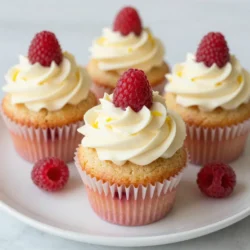 - 1 &frac12; cups all-purpose flour - 1 teaspoon baking powder - &frac12; teaspoon baking soda - &frac14; teaspoon salt - &frac12; cup unsalted butter, softened at room temperature - 1 cup granulated sugar - 2 large eggs, at room temperature - 1 teaspoon pure vanilla extract - &frac14; cup freshly squeezed lemon juice - Zest of 1 lemon, finely grated - &frac12; cup buttermilk, at room temperature - 1 cup fresh raspberries (plus extra for topping) - 4 oz cream cheese, softened at room temperature - 1 cup powdered sugar - 2 tablespoons lemon juice (for frosting) - 1 tablespoon lemon zest (for frosting) - A pinch of salt I love to start by gathering all my ingredients. It makes the process smooth and fun. The dry ingredients include flour, baking powder, baking soda, and salt. These are the base for the cupcakes. Next, we move on to the wet ingredients. I use unsalted butter for richness. Granulated sugar adds sweetness. Eggs give structure, while vanilla adds a lovely flavor. Fresh lemon juice and zest brighten everything up. Buttermilk keeps the cupcakes moist and fluffy. For the topping, I use fresh raspberries. They look cute and taste great. The frosting is a mix of cream cheese, powdered sugar, lemon juice, and zest. A pinch of salt adds balance to the sweetness. With these ingredients ready, you're set to make these delicious Raspberry Lemonade Cupcakes! {{ingredient_image_2}} Set your oven to 350&deg;F (175&deg;C). This ensures even baking. Grab a 12-cup muffin tin and line it with bright cupcake liners. This adds a fun touch. In a medium bowl, whisk together the dry ingredients. Combine 1 &frac12; cups of all-purpose flour, 1 teaspoon of baking powder, &frac12; teaspoon of baking soda, and &frac14; teaspoon of salt. Mix until blended. In a large bowl, cream together &frac12; cup of softened unsalted butter and 1 cup of granulated sugar. Use an electric mixer for about 3-4 minutes. You want it to be light and fluffy. Now, add 2 large eggs one by one. Mix well after each egg. Stir in 1 teaspoon of pure vanilla extract, &frac14; cup of freshly squeezed lemon juice, and zest from one lemon. Mix until fully combined. Next, combine the dry mix with the wet mix. Alternate adding the flour mixture and &frac12; cup of buttermilk. Start and end with the flour. Mix gently until just combined. A few lumps are okay. Carefully fold in 1 cup of fresh raspberries. Use a rubber spatula to keep them whole. This gives great bursts of flavor. Spoon the batter into the lined cupcake cups. Fill each about two-thirds full. This allows them to rise nicely. Bake for 18-20 minutes. Check doneness with a toothpick. It should come out clean. After baking, let the cupcakes cool in the tin for 5 minutes. Then, move them to a wire rack to cool completely. To make the cream cheese frosting, beat together 4 oz of softened cream cheese and 1 cup of powdered sugar. Mix until smooth. Add 2 tablespoons of lemon juice, 1 tablespoon of lemon zest, and a pinch of salt. Mix until fluffy. Once the cupcakes cool, frost each one with the cream cheese mixture. Be generous! For a pretty touch, top each cupcake with a few fresh raspberries. Enjoy your sweet treats! To get soft and fluffy cupcakes, proper mixing is key. Start by creaming the butter and sugar until light and fluffy. This step adds air, making your cupcakes rise nicely. Add eggs one at a time, mixing well after each. When you combine dry and wet ingredients, do so gently. Over-mixing can make cupcakes dense. When handling raspberries, be careful. Rinse them gently under cool water. Pat them dry with a paper towel. Fold them into the batter carefully. You want them to stay whole for bursts of flavor. For a fun and colorful touch, add extra garnishes. Fresh raspberries on top add a nice pop of color. You can also use lemon slices or mint leaves. They make your cupcakes look fresh and inviting. Presentation matters too! Arrange the frosted cupcakes on a bright platter. This makes them easy to grab for guests. A sprinkle of lemon zest on top adds a nice finishing touch. A common mistake is over-mixing the batter. This can lead to tough cupcakes. Mix until just combined, and remember that small lumps are okay. Watch your baking time closely. If you leave them in for too long, they can dry out. Check for doneness by inserting a toothpick. If it comes out clean, they are ready! Pro Tips Use Room Temperature Ingredients: Make sure your butter, eggs, and buttermilk are at room temperature. This helps create a smoother batter and ensures better incorporation of ingredients, leading to fluffier cupcakes. Gently Fold in Raspberries: When adding raspberries to the batter, fold them in gently to prevent them from breaking apart. This will help maintain their shape and provide delightful bursts of flavor in each bite. Check for Doneness: To avoid overbaking, insert a toothpick into the center of a cupcake. If it comes out clean or with just a few crumbs, they're done! Be careful not to open the oven door too early, as this can affect rising. Chill the Frosting: For a firmer consistency, consider chilling the cream cheese frosting for about 15-20 minutes before frosting the cupcakes. This will make it easier to spread and will hold its shape better when piped. {{image_4}} You can easily change the flavor of your raspberry lemonade cupcakes. Here are some fun ideas: - Lavender: Add a teaspoon of dried lavender for a floral note. - Mint: Mix in fresh mint leaves for a refreshing twist. - Different Fruits: Swap raspberries for other fruits like strawberries or blueberries. Each fruit brings its unique taste. If you have special dietary needs, you can still enjoy these cupcakes. Here&rsquo;s how: - Gluten-Free Options: Use a gluten-free flour blend instead of all-purpose flour. It works well in this recipe. - Dairy-Free Alternatives: Replace butter with coconut oil and buttermilk with almond milk. Use a dairy-free cream cheese for frosting. Frosting can change the whole cupcake experience. Try these alternatives: - Other Flavored Frostings: Use lemon or raspberry buttercream for a zesty kick. - Vegan Frosting Suggestions: Combine coconut cream with powdered sugar and vanilla for a vegan option. To keep your Raspberry Lemonade Cupcakes fresh, store them in an airtight container. Place them at room temperature if you plan to eat them within a few days. If you want them to last longer, you can refrigerate them. They will stay good for about 3-4 days in the fridge. Just remember to bring them to room temperature before serving for the best taste. If you want to freeze your cupcakes, make sure they are completely cool first. Wrap each cupcake in plastic wrap or foil. Place the wrapped cupcakes in a freezer-safe bag or container. They can freeze well for up to three months. When you are ready to enjoy them, take them out and let them thaw in the fridge overnight. For the best quality, frost them after thawing. Raspberry Lemonade Cupcakes taste best when fresh. If stored properly, they last about 3-4 days at room temperature and up to a week in the fridge. For frozen cupcakes, use them within three months for optimal flavor. Always check for signs of spoilage before eating. Yes, you can use frozen raspberries. But, they may change the texture. Frozen berries can make the batter a bit wetter. They also might break apart more during mixing. This can lead to a slightly different flavor in each bite. Fresh raspberries give a bright, juicy burst. If you use frozen, let them thaw first. Gently fold them in to keep some shape. To make your cupcakes more lemony, add more lemon juice. You can also increase the lemon zest. Try adding an extra tablespoon of each. This will give a stronger lemon flavor. If you want more zing, consider a splash of lemon extract. Just a few drops can really boost the taste. Taste the batter before baking to adjust as needed. Cream cheese frosting pairs perfectly with these cupcakes. Its tanginess complements the lemon and raspberry flavors. You can add lemon juice and zest to the frosting. This keeps the flavors bright and fresh. If you want a lighter option, try whipped cream. It adds a fluffy texture and tastes great too. Yes, you can make these cupcakes ahead of time. Bake them a day before your event. Once cooled, store them in an airtight container. This keeps them fresh. You can frost them the day you plan to serve. If you want to frost ahead, just keep them in the fridge. They will stay tasty for a couple of days. This blog post covered how to make delicious Raspberry Lemonade Cupcakes. We explored the key ingredients, including dry and wet components, toppings, and frosting. I shared step-by-step instructions for mixing and baking these treats. You learned helpful tips to get the best texture and avoid common mistakes. Finally, we discussed variations and storage methods. Baking these cupcakes can be fun and rewarding. Enjoy the delightful flavors and share them with others. Happy baking!