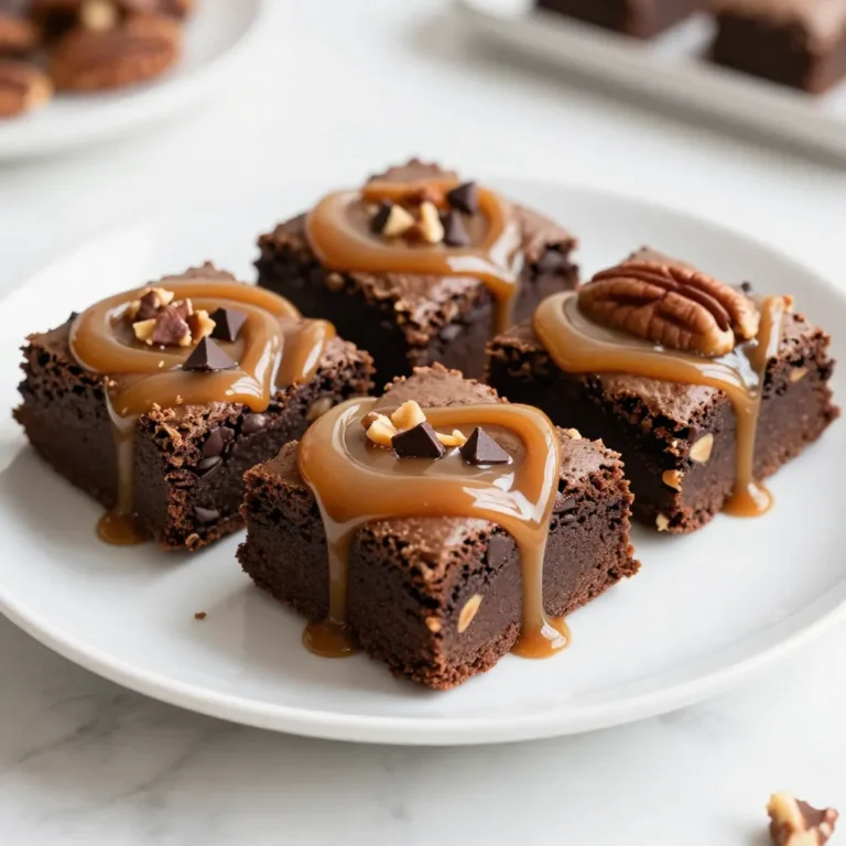 To make Caramel Pecan Turtle Brownies, you need these ingredients: - 1 cup unsalted butter, melted - 1 cup granulated sugar - 1 cup packed brown sugar - 4 large eggs - 1 teaspoon vanilla extract - 1 cup all-purpose flour - 1/2 cup unsweetened cocoa powder - 1/2 teaspoon salt - 1 cup chocolate chips - 1 cup pecans, roughly chopped - 1 cup caramel sauce (store-bought or homemade) These ingredients work together to create rich, fudgy brownies with a sweet, gooey caramel layer. If you need to swap out some ingredients, here are great options: - Use coconut oil instead of butter for a dairy-free option. - Replace granulated sugar with coconut sugar for a lower glycemic index. - Use aquafaba (chickpea liquid) as an egg substitute, about 3 tablespoons for each egg. - Almond flour can replace all-purpose flour for a gluten-free version. - Dark chocolate chips can replace semi-sweet chocolate chips for a richer taste. These substitutions will keep your brownies tasty and allow you to cater to dietary needs. For the best results, I recommend these brands: - For butter, use Kerrygold; it has great flavor. - Domino is a reliable choice for granulated and brown sugar. - For chocolate chips, Ghirardelli or Nestlé Toll House are top picks. - For caramel sauce, Smucker’s offers a delicious store-bought option. - If you prefer homemade, use high-quality cream and brown sugar for your sauce. Using these brands can enhance the quality of your brownies, making them even more irresistible. {{ingredient_image_2}} Start by preheating your oven to 350°F (175°C). Grab a 9x13-inch baking pan. You can grease it with butter or cooking spray. For easy removal, line it with parchment paper. This step is key for perfect brownies. In a large bowl, blend 1 cup of melted butter with 1 cup of granulated sugar and 1 cup of brown sugar. Use a whisk or mixer to get it creamy. Make sure there are no lumps. Next, crack 4 large eggs into the bowl, one at a time. Beat them in well. This adds air and makes the brownies light. Stir in 1 teaspoon of vanilla extract for flavor. In another bowl, mix 1 cup of all-purpose flour, 1/2 cup of cocoa powder, and 1/2 teaspoon of salt. Gradually add this dry mix to your buttery mix. Stir gently until just combined. Don't over-mix, or your brownies might turn out dense. Now, fold in 1 cup of chocolate chips and 1 cup of chopped pecans. This makes each bite extra tasty. Pour half of your brownie batter into the prepared pan. Spread it evenly. Drizzle half of 1 cup of caramel sauce over this layer. Use a knife to swirl it into the batter. This creates a lovely marbled look. Next, add the rest of the brownie batter on top of the caramel layer. Spread it out evenly. Drizzle the remaining caramel sauce over this layer too. Swirl again for a beautiful finish. Now, place the pan in the oven and bake for 25-30 minutes. To check if they're done, insert a toothpick in the center. It should come out with a few moist crumbs. This means your brownies are perfect. After baking, let them cool in the pan for around 15 minutes. Then, move them to a wire rack to cool completely. This helps them get that fudgy texture you love. To get that perfect brownie texture, you must mix the batter well. Start with melted butter and sugars. Blend these until smooth. Add eggs one at a time, mixing well after each. This step adds air and makes your brownies light. Mix your dry ingredients separately. Ensure no lumps in the flour or cocoa powder. Combine them gently with the wet mix. Over-mixing can lead to tough brownies. You want a soft, fudgy texture, not a cake-like one. One common mistake is over-baking. Brownies should come out with a few moist crumbs on the toothpick. If you see dry crumbs, they are overdone. Another mistake is not cooling them enough before cutting. This can cause them to fall apart. Always let them cool for 15 minutes in the pan. Then, move them to a wire rack. Lastly, don’t skip the swirling of caramel. It adds flavor and looks great! You can boost flavor by adding more goodies. Try mixing in different nuts, like walnuts or almonds. You can also swap in white chocolate chips for a twist. If you enjoy a little heat, add a pinch of sea salt on top. A sprinkle of flaky salt can enhance the sweet and salty balance. Don’t forget, a drizzle of the extra caramel sauce on top makes them extra special! Each bite will delight your senses. Pro Tips Use Room Temperature Eggs: Make sure your eggs are at room temperature before mixing them into the batter. This helps create a smoother mixture, ensuring the brownies rise properly and have a lighter texture. Quality Cocoa Powder Matters: Choose a high-quality unsweetened cocoa powder for richer chocolate flavor in your brownies. This will elevate the overall taste and make them even more indulgent. Don’t Overmix: Once you combine the dry and wet ingredients, mix just until no flour streaks remain. Overmixing can lead to tough brownies, so be gentle to maintain that fudgy texture. Let Them Cool: Allow the brownies to cool completely before cutting. This helps them set properly, making it easier to achieve clean, neat squares when slicing. {{image_4}} You can change the nuts in these brownies. Try walnuts for a richer taste. They add a nice crunch and a slightly bitter flavor. Almonds also work well; their crunch is delightful. If you want a fun twist, use macadamia nuts. This will give a creamy texture and a unique flavor. To make these brownies gluten-free, swap all-purpose flour for a gluten-free blend. Many blends work well, so choose one that you like. This change ensures that everyone can enjoy these sweet treats. The taste remains rich and satisfying. You can play with different sauces. For a twist, use chocolate sauce instead of caramel. It creates a deep, rich flavor that pairs well with the brownies. You can also try peanut butter sauce for a nutty kick. If you want extra sweetness, add whipped cream or a scoop of ice cream on top before serving. To keep your brownies fresh, store them in an airtight container. This will help maintain their soft and chewy texture. You can keep them at room temperature for up to three days. If you want them to last longer, refrigerate them. In the fridge, they can stay good for about a week. If you need to freeze your brownies, first let them cool completely. Then, cut them into squares. Wrap each square tightly in plastic wrap. Place the wrapped brownies in a freezer-safe bag. Label the bag with the date. They can last in the freezer for up to three months. When you are ready to enjoy them, just thaw them at room temperature. To reheat brownies, take them out of the container. Place them on a microwave-safe plate. Heat them in the microwave for about 10-15 seconds. Check to see if they are warm. If not, heat them in five-second bursts until just warm. This quick method brings back the fudgy texture. Enjoy them with a scoop of ice cream for a special treat! Yes, you can use different types of chocolate. Dark chocolate, milk chocolate, or even white chocolate can work well. Each type gives the brownies a unique taste. I often mix milk chocolate chips with dark chocolate for a rich flavor. You can also try using chocolate bars instead of chips, just chop them into small pieces. To check if your brownies are done, insert a toothpick into the center. If it comes out with a few moist crumbs, they are ready. The edges should look set, while the center may still look slightly soft. Remember, they will continue to cook a bit after you take them out of the oven. Don’t overbake; you want that fudgy texture! These brownies are great on their own but serve them with a scoop of vanilla ice cream for a real treat. You can also drizzle more caramel sauce on top or sprinkle some sea salt for contrast. For a fun twist, serve them with fresh berries or a dollop of whipped cream. Enjoying them warm is a must! You can make great brownies by using the right ingredients and steps. We covered what you need, how to mix, and tips to get it right. Remember to try different nuts or add flavors you love. Storing your brownies well can keep them tasty longer. With these tips, you’ll avoid common mistakes and bake brownies that everyone enjoys. Enjoy your baking journey and have fun!
