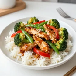 - 1 lb boneless, skinless chicken breasts, thinly sliced - 2 tablespoons vegetable oil - 2 cups broccoli florets - 1 red bell pepper, sliced into strips - 1 cup snap peas - 3 green onions, chopped (reserve a few for garnish) - 3 cloves garlic, minced - 1 tablespoon fresh ginger, grated - 1/4 cup teriyaki sauce - 1 tablespoon sesame oil - 1 tablespoon cornstarch mixed with 2 tablespoons water (slurry) In this dish, the chicken is the star. I like using boneless, skinless chicken breasts because they cook fast and stay juicy. You should slice them thinly for even cooking. The mix of vegetables adds color and crunch. Broccoli, red bell pepper, and snap peas work great together. The sauces and seasonings bring bold flavor. Teriyaki sauce adds sweetness, while sesame oil brings a nutty taste. Garlic and ginger add depth, making each bite rich and tasty. - Sesame seeds - Green onions Garnishes are fun! They make your dish look good and add extra flavor. I love sprinkling sesame seeds on top. They add a nice crunch. Chopped green onions give a fresh taste and bright color. - Cornstarch slurry To thicken the sauce, use a cornstarch slurry. Mix one tablespoon of cornstarch with two tablespoons of water. This helps the sauce cling to the chicken and veggies. It also makes the dish glossy and appealing. {{ingredient_image_2}} - Start with 1 lb of boneless, skinless chicken breasts. - Thinly slice the chicken for even cooking. - Season the chicken lightly with salt and pepper for flavor. - Heat the Oil: Pour 2 tablespoons of vegetable oil into a large skillet or wok. Heat it over medium-high heat until it&rsquo;s hot but not smoking. - Cook the Chicken: Add the sliced chicken to the skillet. Saut&eacute; for 5-7 minutes, stirring now and then. Cook until the chicken turns golden brown and is no longer pink. This gives the chicken a nice sear. - Add Aromatics: Once the chicken is cooked, add 3 minced garlic cloves and 1 tablespoon of grated ginger. Stir for about 1 minute until fragrant. Be careful not to burn the garlic or ginger. - Incorporate Vegetables: Add 2 cups of broccoli florets, 1 sliced red bell pepper, and 1 cup of snap peas. Stir-fry everything for 4-5 minutes. The vegetables should stay tender-crisp and colorful. - Add Sauces: Pour in 1/4 cup of teriyaki sauce and 1 tablespoon of sesame oil. Stir well to coat the chicken and veggies. Let it simmer for a minute to blend the flavors. - Thicken the Sauce: Drizzle in your cornstarch slurry, made from 1 tablespoon of cornstarch mixed with 2 tablespoons of water. Stir continuously until the sauce thickens, about 1-2 minutes. It should look glossy and slightly sticky. - Finish and Serve: Stir in 3 chopped green onions, and turn off the heat. Mix everything well one last time. - Presentation Tips: Serve the stir fry over fluffy jasmine rice. Sprinkle sesame seeds on top for crunch. Add the reserved green onions for color and freshness. - Achieving the perfect chicken sear: Start by heating the oil in your skillet. Make sure it&rsquo;s hot, but not smoking. Add the chicken in a single layer. This helps it sear well. Stir only occasionally. Let it cook for 5-7 minutes until golden and cooked through. - Maintaining vegetable crispness: When adding veggies, keep the heat high. Stir-fry quickly to keep them crunchy. This should take about 4-5 minutes. You want bright colors and a bite. - Adjusting sauce quantities: If you love a strong flavor, feel free to add more teriyaki sauce. Just remember to balance it with the sesame oil for richness. - Adding heat with spices: For a kick, try adding red pepper flakes or sriracha. Start small and taste as you go. This way, you control the heat level. - Prepping ingredients in advance: Before cooking, chop your chicken and veggies. This makes the cooking process quick and easy. You can even do this the night before. - Using pre-cooked rice options: Save time by choosing pre-cooked jasmine rice. You can find it in many stores. Just heat it up right before serving. This lets you focus on the stir fry. Pro Tips Marinate the Chicken: For enhanced flavor, marinate the sliced chicken in teriyaki sauce for at least 30 minutes before cooking. This allows the chicken to absorb the flavors better. Use High Heat: Ensure your skillet or wok is hot enough when adding the chicken to achieve a nice sear. This not only locks in juices but also adds a delicious flavor. Vegetable Variety: Feel free to mix and match vegetables based on your preference or what's in season. Carrots, bell peppers, and zucchini all work wonderfully in this stir fry! Garnish for Flavor: Don&rsquo;t skip the sesame seeds and extra green onions as a garnish. They add a crunch and freshness that elevates the dish significantly. {{image_4}} You can switch the chicken for other proteins. Tofu is a great choice for a vegan dish. It soaks up the teriyaki sauce well and adds a nice texture. Shrimp adds a sweet touch and cooks quickly. Beef works well too. Just slice it thin and cook it until it's tender. Feel free to mix in different vegetables. Carrots add a sweet crunch. Bell peppers can be any color for variety. Zucchini and mushrooms are tasty too. You can even add baby corn or bok choy for extra flair. Just make sure to cut them into small pieces for even cooking. If you need gluten-free options, use tamari in place of teriyaki sauce. It gives the same rich flavor without gluten. For vegan variations, swap chicken for tofu and use a plant-based teriyaki sauce. This keeps the dish tasty while meeting dietary needs. You can enjoy this meal while keeping true to your diet. You can store any leftovers in a sealed container. Make sure to cool the stir fry first. Place it in the fridge within two hours of cooking. Use it within three days for the best taste. This helps keep the chicken and veggies fresh. If you want to save some for later, freezing is a great option. Divide the stir fry into smaller portions. Place them in freezer-safe bags or containers. Remove as much air as you can to prevent freezer burn. You can freeze it for up to three months. When you are ready to eat, thaw it in the fridge overnight. To reheat, use a skillet over medium heat. Add a splash of water or oil to keep it moist. Stir it often to warm it evenly. This method helps keep the chicken tender and the veggies crisp. Avoid using a microwave if possible, as that can make them soggy. Enjoy your tasty leftovers like they are fresh! You can make a simple teriyaki sauce at home. Here&rsquo;s how: - Combine 1/4 cup soy sauce. - Add 2 tablespoons honey or brown sugar. - Mix in 1 tablespoon rice vinegar. - Stir in 1 tablespoon cornstarch for thickness. - Add 1 teaspoon garlic powder and 1 teaspoon ginger powder. - Cook over medium heat until it thickens. This sauce is easy and tastes fresh. You can adjust the sweetness to suit your taste. You can enjoy teriyaki chicken stir fry with many sides. Here are some great options: - Cooked jasmine rice - Steamed white rice - Quinoa - Noodles, like soba or udon - A fresh green salad These sides add texture and flavor to your meal. You can also serve some pickled veggies for extra crunch. Yes, you can add heat to your stir fry. Here are a few options: - Add sliced fresh chili peppers while cooking. - Sprinkle red pepper flakes into the sauce. - Use a spicy soy sauce or sriracha in place of regular soy sauce. These options will kick up the flavor. Adjust the amount based on your spice preference. This blog post covered how to make a tasty Teriyaki Chicken Stir Fry. We explored key ingredients, like chicken and vegetables, plus how to cook them perfectly. I shared cooking tips for great flavors and time-saving tricks for easy prep. Variations let you enjoy different proteins and veggies, and I included storage tips for leftovers. With these steps, you can create a delicious dish that suits your taste. Enjoy your cooking adventure!