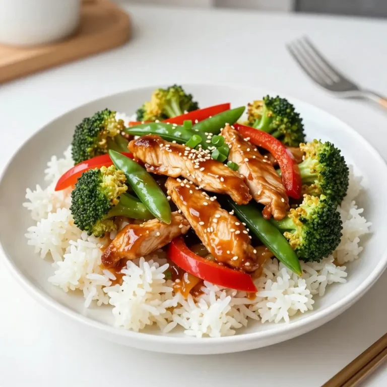 - 1 lb boneless, skinless chicken breasts, thinly sliced - 2 tablespoons vegetable oil - 2 cups broccoli florets - 1 red bell pepper, sliced into strips - 1 cup snap peas - 3 green onions, chopped (reserve a few for garnish) - 3 cloves garlic, minced - 1 tablespoon fresh ginger, grated - 1/4 cup teriyaki sauce - 1 tablespoon sesame oil - 1 tablespoon cornstarch mixed with 2 tablespoons water (slurry) In this dish, the chicken is the star. I like using boneless, skinless chicken breasts because they cook fast and stay juicy. You should slice them thinly for even cooking. The mix of vegetables adds color and crunch. Broccoli, red bell pepper, and snap peas work great together. The sauces and seasonings bring bold flavor. Teriyaki sauce adds sweetness, while sesame oil brings a nutty taste. Garlic and ginger add depth, making each bite rich and tasty. - Sesame seeds - Green onions Garnishes are fun! They make your dish look good and add extra flavor. I love sprinkling sesame seeds on top. They add a nice crunch. Chopped green onions give a fresh taste and bright color. - Cornstarch slurry To thicken the sauce, use a cornstarch slurry. Mix one tablespoon of cornstarch with two tablespoons of water. This helps the sauce cling to the chicken and veggies. It also makes the dish glossy and appealing. {{ingredient_image_2}} - Start with 1 lb of boneless, skinless chicken breasts. - Thinly slice the chicken for even cooking. - Season the chicken lightly with salt and pepper for flavor. - Heat the Oil: Pour 2 tablespoons of vegetable oil into a large skillet or wok. Heat it over medium-high heat until it’s hot but not smoking. - Cook the Chicken: Add the sliced chicken to the skillet. Sauté for 5-7 minutes, stirring now and then. Cook until the chicken turns golden brown and is no longer pink. This gives the chicken a nice sear. - Add Aromatics: Once the chicken is cooked, add 3 minced garlic cloves and 1 tablespoon of grated ginger. Stir for about 1 minute until fragrant. Be careful not to burn the garlic or ginger. - Incorporate Vegetables: Add 2 cups of broccoli florets, 1 sliced red bell pepper, and 1 cup of snap peas. Stir-fry everything for 4-5 minutes. The vegetables should stay tender-crisp and colorful. - Add Sauces: Pour in 1/4 cup of teriyaki sauce and 1 tablespoon of sesame oil. Stir well to coat the chicken and veggies. Let it simmer for a minute to blend the flavors. - Thicken the Sauce: Drizzle in your cornstarch slurry, made from 1 tablespoon of cornstarch mixed with 2 tablespoons of water. Stir continuously until the sauce thickens, about 1-2 minutes. It should look glossy and slightly sticky. - Finish and Serve: Stir in 3 chopped green onions, and turn off the heat. Mix everything well one last time. - Presentation Tips: Serve the stir fry over fluffy jasmine rice. Sprinkle sesame seeds on top for crunch. Add the reserved green onions for color and freshness. - Achieving the perfect chicken sear: Start by heating the oil in your skillet. Make sure it’s hot, but not smoking. Add the chicken in a single layer. This helps it sear well. Stir only occasionally. Let it cook for 5-7 minutes until golden and cooked through. - Maintaining vegetable crispness: When adding veggies, keep the heat high. Stir-fry quickly to keep them crunchy. This should take about 4-5 minutes. You want bright colors and a bite. - Adjusting sauce quantities: If you love a strong flavor, feel free to add more teriyaki sauce. Just remember to balance it with the sesame oil for richness. - Adding heat with spices: For a kick, try adding red pepper flakes or sriracha. Start small and taste as you go. This way, you control the heat level. - Prepping ingredients in advance: Before cooking, chop your chicken and veggies. This makes the cooking process quick and easy. You can even do this the night before. - Using pre-cooked rice options: Save time by choosing pre-cooked jasmine rice. You can find it in many stores. Just heat it up right before serving. This lets you focus on the stir fry. Pro Tips Marinate the Chicken: For enhanced flavor, marinate the sliced chicken in teriyaki sauce for at least 30 minutes before cooking. This allows the chicken to absorb the flavors better. Use High Heat: Ensure your skillet or wok is hot enough when adding the chicken to achieve a nice sear. This not only locks in juices but also adds a delicious flavor. Vegetable Variety: Feel free to mix and match vegetables based on your preference or what's in season. Carrots, bell peppers, and zucchini all work wonderfully in this stir fry! Garnish for Flavor: Don’t skip the sesame seeds and extra green onions as a garnish. They add a crunch and freshness that elevates the dish significantly. {{image_4}} You can switch the chicken for other proteins. Tofu is a great choice for a vegan dish. It soaks up the teriyaki sauce well and adds a nice texture. Shrimp adds a sweet touch and cooks quickly. Beef works well too. Just slice it thin and cook it until it's tender. Feel free to mix in different vegetables. Carrots add a sweet crunch. Bell peppers can be any color for variety. Zucchini and mushrooms are tasty too. You can even add baby corn or bok choy for extra flair. Just make sure to cut them into small pieces for even cooking. If you need gluten-free options, use tamari in place of teriyaki sauce. It gives the same rich flavor without gluten. For vegan variations, swap chicken for tofu and use a plant-based teriyaki sauce. This keeps the dish tasty while meeting dietary needs. You can enjoy this meal while keeping true to your diet. You can store any leftovers in a sealed container. Make sure to cool the stir fry first. Place it in the fridge within two hours of cooking. Use it within three days for the best taste. This helps keep the chicken and veggies fresh. If you want to save some for later, freezing is a great option. Divide the stir fry into smaller portions. Place them in freezer-safe bags or containers. Remove as much air as you can to prevent freezer burn. You can freeze it for up to three months. When you are ready to eat, thaw it in the fridge overnight. To reheat, use a skillet over medium heat. Add a splash of water or oil to keep it moist. Stir it often to warm it evenly. This method helps keep the chicken tender and the veggies crisp. Avoid using a microwave if possible, as that can make them soggy. Enjoy your tasty leftovers like they are fresh! You can make a simple teriyaki sauce at home. Here’s how: - Combine 1/4 cup soy sauce. - Add 2 tablespoons honey or brown sugar. - Mix in 1 tablespoon rice vinegar. - Stir in 1 tablespoon cornstarch for thickness. - Add 1 teaspoon garlic powder and 1 teaspoon ginger powder. - Cook over medium heat until it thickens. This sauce is easy and tastes fresh. You can adjust the sweetness to suit your taste. You can enjoy teriyaki chicken stir fry with many sides. Here are some great options: - Cooked jasmine rice - Steamed white rice - Quinoa - Noodles, like soba or udon - A fresh green salad These sides add texture and flavor to your meal. You can also serve some pickled veggies for extra crunch. Yes, you can add heat to your stir fry. Here are a few options: - Add sliced fresh chili peppers while cooking. - Sprinkle red pepper flakes into the sauce. - Use a spicy soy sauce or sriracha in place of regular soy sauce. These options will kick up the flavor. Adjust the amount based on your spice preference. This blog post covered how to make a tasty Teriyaki Chicken Stir Fry. We explored key ingredients, like chicken and vegetables, plus how to cook them perfectly. I shared cooking tips for great flavors and time-saving tricks for easy prep. Variations let you enjoy different proteins and veggies, and I included storage tips for leftovers. With these steps, you can create a delicious dish that suits your taste. Enjoy your cooking adventure!