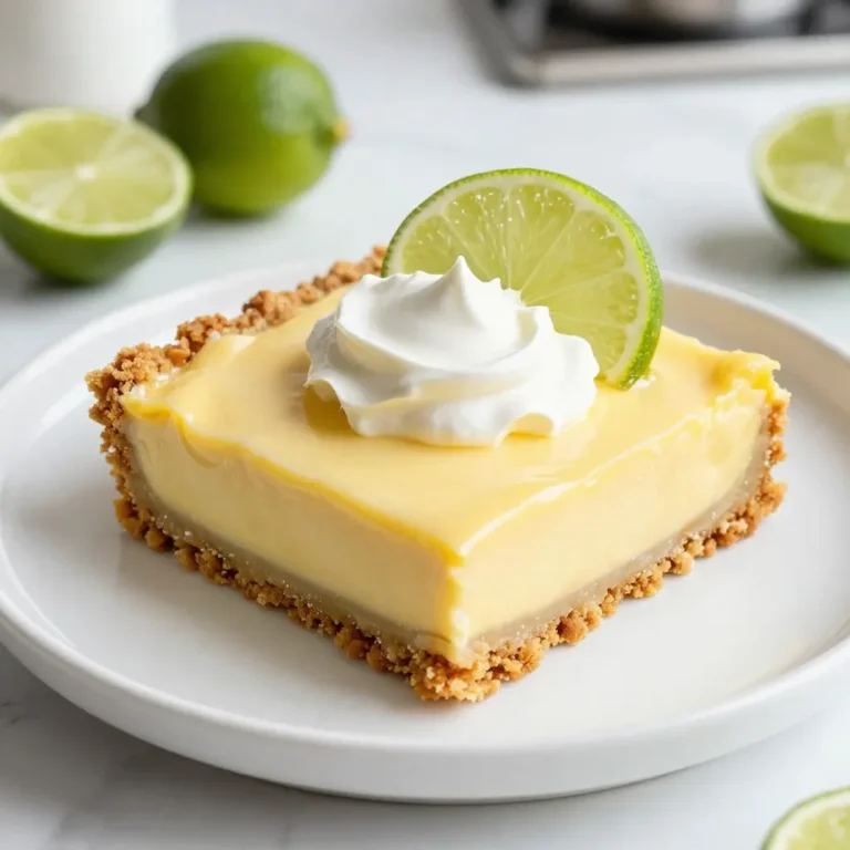 - 1 ½ cups graham cracker crumbs - 1/3 cup granulated sugar - 1/2 cup unsalted butter, melted - 2 cups sweetened condensed milk - 3/4 cup fresh key lime juice - 1 tablespoon lime zest - 3 large egg yolks - Pinch of salt - Whipped cream - Lime slices When making these key lime pie bars, each ingredient plays a key role. The graham cracker crust is both crunchy and sweet. It holds the filling inside. The combination of graham cracker crumbs and sugar makes it perfect. The melted butter helps bind it all together. The filling is what makes these bars stand out. Sweetened condensed milk gives it a creamy texture. Fresh key lime juice brings a bright, tangy flavor. Lime zest adds a burst of aroma. The egg yolks help set the filling, giving it a smooth finish. For garnishes, whipped cream adds a nice touch. Lime slices make the bars look fancy. They also give extra flavor. You can use any of these toppings to make your bars even better. Enjoy the process of making these delightful treats! {{ingredient_image_2}} 1. Preheat your oven to 350°F (175°C). This step is key for a perfect crust. 2. In a mixing bowl, combine 1 ½ cups of graham cracker crumbs and 1/3 cup of granulated sugar. Make sure they mix well. 1. Pour in 1/2 cup of melted butter. Stir until it looks crumbly. You want it to feel like wet sand. 2. Take this mixture and press it into an 8x8 inch baking pan. Use your fingers or a measuring cup to press it down evenly. 3. Bake the crust for 8-10 minutes. Look for a light golden color. Once baked, set it aside to cool slightly. 1. In a separate bowl, whisk together 2 cups of sweetened condensed milk, 3/4 cup of fresh key lime juice, 1 tablespoon of lime zest, and 3 large egg yolks. 2. Add a pinch of salt. Keep whisking until it’s smooth with no lumps. 1. Carefully pour the key lime filling over the cooled crust. Use a spatula to spread it evenly. 2. Bake for another 15-20 minutes. The filling should be set but still slightly jiggly in the center. 3. After baking, let the bars cool to room temperature. Then, chill them in the refrigerator for at least 3 hours until firm. 4. Once chilled, slice them into squares. If you like, top each square with whipped cream and a slice of lime. To make a great crust, start by pressing the crumbs evenly. Use the back of a measuring cup or your fingers. Make sure it is compact and smooth. This helps the crust hold its shape. Bake it for 8 to 10 minutes. You want it to turn a light golden color. This golden hue adds flavor and crunch. For a smooth filling, whisk the ingredients well. Combine the sweetened condensed milk, lime juice, lime zest, egg yolks, and salt in a bowl. Keep whisking until there are no lumps. This step is crucial for a creamy texture. If lumps appear, your bars won’t be as smooth. A well-mixed filling ensures every bite is nice and tangy. When serving, get creative! You can add a dollop of whipped cream on top. A slice of lime can add a nice touch too. These little extras make the bars pop. For drinks, pair them with a refreshing iced tea or lemonade. The cool drinks balance the tartness of the bars. Enjoy making these tasty treats! Pro Tips Use Fresh Key Limes: For the best flavor, always use fresh key limes instead of bottled juice. The zest and juice from fresh limes will provide a vibrant and zesty taste that is characteristic of key lime pie. Cooling is Key: Allow the bars to cool at room temperature before refrigerating. This step helps the filling set properly and enhances the overall texture. Perfectly Cut Bars: For clean cuts, use a sharp knife and rinse it under hot water before slicing. Wipe the knife between cuts to maintain neat edges on your key lime bars. Garnish Wisely: A dollop of whipped cream and a slice of lime not only add elegance but also enhance the flavor contrast. You can also sprinkle some lime zest for added texture and flavor. {{image_4}} You can make these bars even more fun! Add coconut for a tropical twist. Just mix in 1/2 cup of shredded coconut into the filling. You can also try using other citrus fruits. Blood oranges or tangerines can give a unique flavor. Experiment with what you like! Next, think about the crust. You can use crushed vanilla wafers or chocolate cookies instead of graham crackers. Each option will give your bars a new taste. Don’t be afraid to play with flavors! If you need gluten-free options, try using gluten-free graham crackers. They work just as well as regular ones. You can also make the filling dairy-free. Use coconut milk or almond milk sweetened condensed milk. It gives the bars a nice flavor while keeping them creamy. Always check the labels to ensure your substitutes fit your needs. This way, everyone can enjoy these tasty bars! Making mini versions is a great idea! Just use a smaller baking dish, like a 9x5 inch pan. Adjust the ingredients to about half of what you need for the full size. This allows you to create bite-sized treats. When baking mini bars, keep an eye on the time. Bake them for about 12-15 minutes. They should be set but still jiggle a bit in the center. This will keep them soft and easy to eat! Store your key lime pie bars in the fridge. This keeps them fresh and cool. If you leave them at room temp, they can spoil faster. Always cover them with plastic wrap or foil. This prevents them from drying out or picking up other smells. You can freeze key lime pie bars for a longer shelf life. First, let them cool completely in the fridge. Then, cut them into squares. Wrap each square tightly in plastic wrap. Place the wrapped bars in a freezer-safe bag or container. When you're ready to enjoy them, thaw them in the fridge overnight. This way, they stay tasty and fresh. In the fridge, key lime pie bars last about 5 to 7 days. If you freeze them, they can stay good for up to 3 months. Just remember to keep them well-wrapped to avoid freezer burn. Enjoy your delicious treats whenever you want! Yes, you can use regular limes. However, the taste will change. Key limes are smaller and have a more intense flavor. They give the bars a special tang. If you use regular limes, your bars will taste more sour. I recommend mixing half key limes and half regular limes for a balanced flavor. Look for a few signs during baking. The edges will look firm. The center should be slightly jiggly but not liquid. When you gently shake the pan, it should not ripple too much. After cooling, the filling will firm up more in the fridge. You have options! You can use digestive biscuits or vanilla wafers for the crust. Crushing these can give a nice flavor. If you want a nutty taste, try almond flour mixed with a bit of sugar. Just make sure to add enough butter to hold it together. Key lime pie bars are a tasty treat you can easily make at home. We discussed the simple ingredients, like the graham cracker crust and key lime filling. I shared step-by-step baking instructions for perfect results. Remember, you can adjust flavors and even swap ingredients for dietary needs. With these tips, you can impress anyone with your baking skills. Enjoy your delicious key lime pie bars and don’t forget to share them!