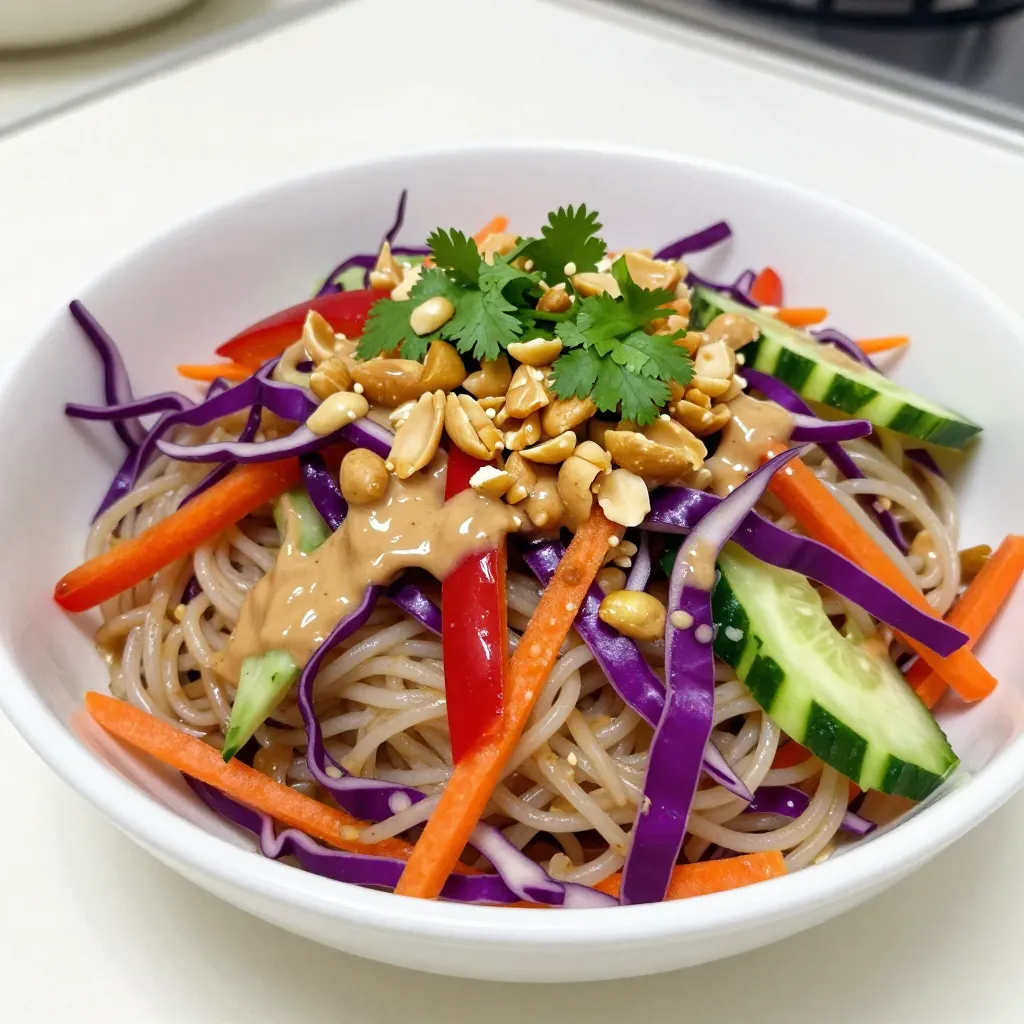 - 8 oz rice noodles - 1 cup shredded purple cabbage - 1 cup shredded carrots - 1 red bell pepper, thinly sliced - 1/2 cup cucumber, julienned - 1/4 cup green onions, sliced - 1/4 cup fresh cilantro, chopped - 1/4 cup roasted peanuts, chopped - 1/3 cup creamy peanut butter - 2 tablespoons soy sauce - 1 tablespoon maple syrup - 1 tablespoon rice vinegar - 1 teaspoon sesame oil - 1-2 teaspoons Sriracha (adjust to your spice preference) - Water (for thinning the sauce, as needed) The rice noodles are the base of this dish. They soak up the sauce well. I love using purple cabbage for its crunch and vibrant color. Carrots add sweetness and more crunch. The red bell pepper brings a lovely flavor and more color. Cucumber adds a fresh, cool bite. Green onions give a nice sharpness, while cilantro adds freshness. Finally, roasted peanuts add crunch and nutty flavor. For the peanut sauce, creamy peanut butter is key for richness. Soy sauce adds salt and umami. Maple syrup sweetens the mix, while rice vinegar adds tang. Sesame oil gives a warm, nutty note. Adjust the Sriracha for spice. If it's too thick, you can add water to reach your desired consistency. This mix of flavors and textures makes the salad so enjoyable! {{ingredient_image_2}} 1. Bring a large pot of water to a boil. 2. Add 8 oz of rice noodles and cook until al dente. This usually takes about 4-6 minutes. 3. Drain the noodles in a colander and rinse them under cold water. This stops the cooking process and keeps them from sticking. Set them aside to cool. 1. In a large mixing bowl, combine the following shredded vegetables: - 1 cup shredded purple cabbage - 1 cup shredded carrots - 1 red bell pepper, thinly sliced - 1/2 cup cucumber, julienned - 1/4 cup green onions, sliced - 1/4 cup fresh cilantro, chopped 2. Toss all these veggies together. Make sure they are evenly mixed for the best flavor. 1. In a small bowl, whisk together: - 1/3 cup creamy peanut butter - 2 tablespoons soy sauce - 1 tablespoon maple syrup - 1 tablespoon rice vinegar - 1 teaspoon sesame oil - 1-2 teaspoons Sriracha (add more for more heat) 2. If the sauce is too thick, add water one teaspoon at a time. Mix until you reach your desired consistency. 1. Gently add the cooled noodles to the bowl of mixed vegetables. 2. Pour the peanut sauce over the noodles and veggies. 3. Use tongs or a spatula to toss everything together. Make sure all ingredients are coated in the sauce. 1. Transfer the noodle salad to serving plates or a large platter. 2. Garnish with chopped roasted peanuts and extra cilantro for a nice touch. This adds flavor and crunch! To get the right consistency for your peanut sauce, start with creamy peanut butter. Mix it well with soy sauce, maple syrup, and rice vinegar. If it feels too thick, add water little by little. Stir until smooth. If you want more heat, add Sriracha. Start with one teaspoon and taste. Adjust to your spice preference. You can change up the veggies for your salad. Try using bean sprouts, snap peas, or zucchini. These options keep things fresh and fun! You can also use seasonal vegetables, like bell peppers in summer or carrots in spring. This keeps your salad exciting throughout the year. To save time, prepare your salad components ahead of time. You can cook the noodles and chop the veggies a day before. Store them in separate containers in the fridge. When you're ready to eat, mix them with the peanut sauce. This way, your salad stays fresh and crisp. Pro Tips Cook Noodles Al Dente: To achieve the perfect texture, cook the rice noodles until they are al dente, as they will continue to soften when mixed with the sauce. Customize Your Veggies: Feel free to add or substitute vegetables based on your preference or what's in season, like snap peas or bean sprouts for extra crunch. Adjust Sauce Thickness: If the peanut sauce is too thick, thin it out gradually with water until you reach the desired consistency for easy mixing. Garnish for Flavor: Enhance the dish's appearance and taste by topping it with additional chopped roasted peanuts and fresh lime wedges before serving. {{image_4}} You can make your Thai Peanut Noodle Salad even heartier by adding protein. Chicken, shrimp, or tofu all work well. If you choose chicken, grill or sauté it first. For shrimp, a quick sear brings out the flavor. If you want a plant-based option, use firm tofu. Just cube it and pan-fry until golden. These proteins enhance the dish and keep it filling. While rice noodles are classic, don’t hesitate to try other noodles. Soba noodles are a great choice for a nutty flavor. Udon noodles offer a chewier texture. If you need a gluten-free option, look for rice or gluten-free noodles. They will still pair well with the peanut sauce and veggies. If you want to shake things up, try different nut butters. Almond butter or cashew butter can change the taste of your sauce. You can also explore other dressing ideas. A sesame dressing or a spicy chili sauce can add a new twist. Mix and match to find your favorite combination. To store leftovers, place the salad in an airtight container. Make sure the lid seals well. This keeps the salad fresh longer. You can keep it in the fridge for up to three days. The noodles may soak up the sauce, so you might want to add more sauce when serving. To maintain freshness, store the salad and peanut sauce separately if possible. This method helps keep the noodles firm and the veggies crisp. When ready to eat, just mix them back together. Can you freeze the salad? I do not recommend freezing this salad. The texture of the noodles and veggies can change once frozen. They may become mushy when thawed. If you do freeze it, use a freezer-safe container. Thaw the salad overnight in the fridge before serving. If you want to reheat it, do so gently in a pan over low heat. Add a little water or sauce to prevent sticking. Thai Peanut Noodle Salad is a fresh and tasty dish. It features rice noodles and crisp veggies. The main elements include cabbage, carrots, and bell peppers. You mix these with a creamy peanut sauce. This sauce has a rich flavor from peanut butter and soy sauce. The salad is colorful and healthy, perfect for warm days. Making this salad is quick and easy. It takes about 15 minutes to prep the ingredients. The cooking time for the noodles is just a few minutes. In total, you can have this dish ready in about 30 minutes. It’s a great option for a busy weeknight meal. Yes, you can make this salad vegan! The main ingredients are already plant-based. Just replace the soy sauce with a gluten-free version if needed. You can also substitute maple syrup with agave syrup for a vegan-friendly sweetener. This way, everyone can enjoy this delicious dish. This salad pairs well with many side dishes. You can serve it with spring rolls for a fun snack. A light soup, like miso, makes a great addition too. Grilled veggies or tofu also complement the flavors of the salad. Feel free to mix and match for a full meal. You can easily change the spice level in the sauce. If you like it mild, use less Sriracha. Start with just one teaspoon and taste the sauce. If it’s not spicy enough, add more Sriracha little by little. This way, you can create the perfect balance for your taste. This blog post covered how to make a tasty Thai Peanut Noodle Salad. You learned about the main ingredients, how to cook the noodles, and prepare the peanut sauce. We shared tips for perfecting the dish and suggested variations for extra flavor. I hope you're excited to try this fresh salad and customize it to your taste. Remember, this dish is quick to make and perfect for any meal. Enjoy exploring different combos and making this recipe your own!