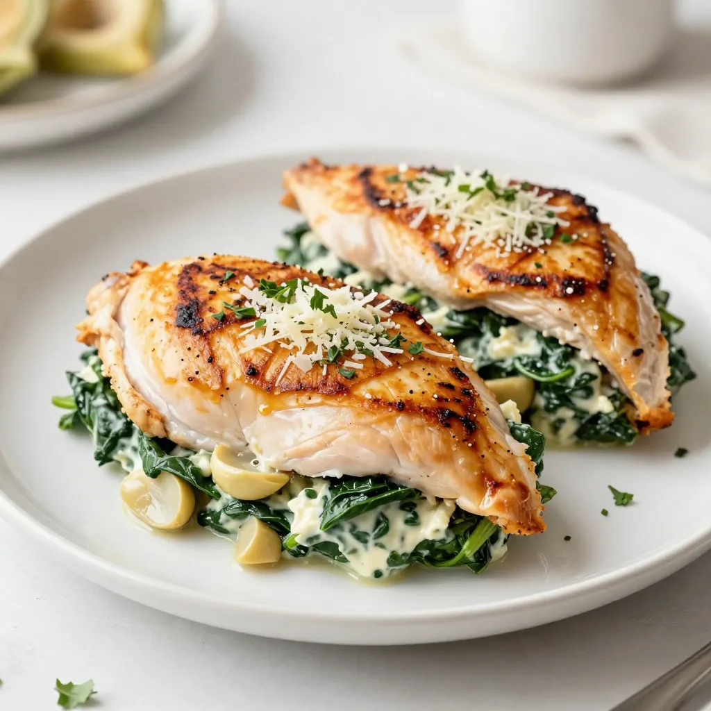 - 4 boneless, skinless chicken breasts - 1 cup fresh spinach, finely chopped - 1 cup marinated artichoke hearts, drained and roughly chopped - 1 cup cream cheese, softened at room temperature - 1/2 cup grated parmesan cheese - 1/2 cup shredded mozzarella cheese - 2 cloves garlic, finely minced - 1 teaspoon onion powder - Salt and pepper to taste - 1 tablespoon olive oil - Fresh herbs (such as parsley or basil) for garnish To make your Spinach Artichoke Stuffed Chicken, gather these ingredients. Each one plays a key role in building flavor. The chicken breasts provide a tasty base, while the spinach and artichokes add nutrition and zest. Cream cheese brings creaminess, and both parmesan and mozzarella offer a rich, cheesy finish. Don't forget the garlic! It adds depth to our filling. Onion powder enhances the taste without overpowering it. You can adjust the salt and pepper to your liking. Finally, olive oil helps achieve a nice sear on the chicken. Fresh herbs brighten up the dish. With these ingredients ready, you are set to create a meal that impresses. Trust me, your friends and family will love it! {{ingredient_image_2}} - Preheat your oven to 375°F (190°C). This ensures even cooking. - In a bowl, mix the chopped spinach and artichokes. - Soften cream cheese at room temperature for easy mixing. - Place each chicken breast on a board. - Carefully butterfly each breast by slicing it horizontally, creating a pocket. - Fill the pocket with the spinach-artichoke mixture, pressing it in gently. - If you want, use toothpicks to secure the openings. - Heat olive oil in a large skillet over medium-high heat. - Place the stuffed chicken in the skillet and sear for 3-4 minutes per side. - Once golden brown, transfer the skillet to the preheated oven. - Bake for 25-30 minutes until the chicken reaches 165°F (74°C). - Let the chicken rest for 5 minutes before serving. - How to correctly butterfly chicken: Place the chicken breast flat on a cutting board. Use a sharp knife to slice it horizontally, but don’t cut all the way through. This creates a pocket for your filling. - Ensuring even cooking: Sear the chicken on medium-high heat for a few minutes on each side. This gives it a nice crust. Then bake until it's fully cooked. This method keeps the chicken juicy and tender. - Pairing with sides: I love serving this stuffed chicken with sautéed greens or roasted vegetables. They add color and flavor, making your plate look stunning. - How to garnish for visual appeal: Sprinkle fresh herbs like parsley or basil on top. A drizzle of balsamic reduction can also enhance the look and flavor of your dish. - Overfilling the chicken: Don’t stuff too much filling inside the chicken. It can spill out while cooking and make a mess. A generous but moderate amount works best. - Not allowing chicken to rest: After baking, let your chicken rest for about 5 minutes. This step helps keep the juices in, giving you a tender bite every time. Pro Tips Use Fresh Ingredients: Fresh spinach and high-quality marinated artichokes will elevate the flavor of the filling, making your dish more vibrant and delicious. Don’t Overstuff: While it may be tempting to fill the chicken breasts to the brim, overstuffing can cause the filling to spill out during cooking. A generous but manageable amount is best. Perfect Searing: Ensure your skillet is hot before adding the chicken. A good sear locks in moisture and adds a beautiful golden color. Rest the Chicken: Allowing the chicken to rest after baking is crucial. This step helps redistribute the juices, resulting in a more tender and juicy bite. {{image_4}} You can switch up the cheeses if you want. Try using goat cheese or ricotta. Both add a nice twist to the dish. If you like more flavor, mix in sun-dried tomatoes or diced bell peppers. These add color and taste. For gluten-free options, check your cheese labels. Most are safe, but always verify. You can use almond flour instead of breadcrumbs if you want some crunch. For low-carb options, skip the cream cheese and use a low-carb cheese blend. This keeps the dish light but still creamy. Want a kick? Add cayenne pepper to the stuffing for some heat. Italian seasoning also works well for a savory touch. Fresh herbs like thyme or dill can brighten the dish. Use these herbs to garnish for added flavor and a pop of color. To store leftovers, let the chicken cool down first. Place the stuffed chicken in an airtight container. Glass containers work great, but plastic ones are fine too. Be sure to cover it well to keep it fresh. You can keep it in the fridge for up to four days. The best way to reheat stuffed chicken is in the oven. Preheat your oven to 350°F (175°C). Place the chicken in a baking dish and cover it with foil. This keeps the moisture in. Heat for about 20 minutes or until warmed through. You can also use a microwave if you’re in a hurry. Just be careful not to overcook it, as it can dry out. Yes, you can freeze Spinach Artichoke Stuffed Chicken! Wrap each piece tightly in plastic wrap. Then, put them in a freezer-safe bag. This way, they stay fresh for up to three months. When you’re ready to eat, thaw it in the fridge overnight. To reheat, follow the oven method mentioned above for the best results. Yes, you can prepare the stuffed chicken in advance. Stuff the chicken breasts and store them in the fridge for up to a day. This allows the flavors to meld. When ready to cook, just sear and bake as directed. The best way to check chicken doneness is with a meat thermometer. Insert it into the thickest part. The chicken should reach 165°F (74°C). If you don't have a thermometer, cut into the chicken. The juices should run clear, and the meat should no longer be pink. Many sides go well with this dish. Consider these options: - Sautéed mixed greens - Roasted vegetables - Garlic bread - Creamy mashed potatoes - Quinoa salad These sides enhance the meal and provide a balanced plate. Yes, you can use frozen spinach. Just make sure to thaw and drain it well. Squeeze out excess moisture to avoid a soggy filling. This makes it easier to mix with the other ingredients. To serve more people, simply multiply the ingredients by the number of servings you need. For example, if you want to serve eight, double the ingredients. Cook in batches if needed to ensure even cooking. In this post, we explored how to make Spinach Artichoke Stuffed Chicken. You learned about the key ingredients, step-by-step instructions, and important tips for cooking. We also looked at tasty variations and storage options. Remember, this dish is not just about taste; it also shows off your cooking skills. With the right ingredients and steps, you can impress anyone at dinner. Enjoy creating this delicious meal!