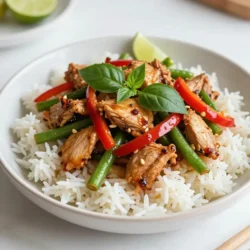 - 1 lb (450g) boneless chicken breast, thinly sliced - 2 tablespoons vegetable oil - 4 cloves garlic, minced - 2-3 Thai bird's eye chilies, finely chopped - 1 red bell pepper, sliced into thin strips - 1 cup green beans, trimmed and cut into 1-inch pieces - 1 onion, sliced into wedges - 2 tablespoons fish sauce - 1 tablespoon soy sauce - 1 tablespoon oyster sauce - 1 teaspoon sugar - 1 cup fresh Thai basil leaves The chicken is the star of this dish. Thin slices cook fast and stay juicy. Use boneless chicken breast for best results. The garlic and chilies add great flavor but can also bring heat. Adjust the amount of chilies based on your spice preference. The vegetables, like red bell pepper and green beans, add color and crunch. - Regular basil (if you can't find Thai basil) - Tofu or shrimp (as alternative proteins) If you don't have Thai basil, regular basil works in a pinch. It won't taste exactly the same but will still be tasty. For proteins, try using shrimp or tofu. They absorb flavors well and make nice substitutions. - Best sides: steamed broccoli, saut&eacute;ed bok choy, or a simple salad - Recommended rice: jasmine rice for its fragrant taste Pair your spicy Thai basil chicken with steamed broccoli or saut&eacute;ed bok choy for extra greens. A fresh salad also works well. Jasmine rice is the best choice here. Its fluffy texture complements the dish perfectly. {{ingredient_image_2}} - Preparing chicken and vegetables: Start by slicing the boneless chicken breast into thin strips. This helps the chicken cook evenly. Next, wash and chop your vegetables. Slice the red bell pepper into thin strips, and cut the onion into wedges. Trim the green beans and cut them into 1-inch pieces. Finally, mince the garlic and chop the Thai bird's eye chilies. Keep everything ready for quick cooking. - Making the sauce blend: In a small bowl, mix the fish sauce, soy sauce, oyster sauce, and sugar. Whisk them together until they blend well. This sauce adds a rich flavor to your dish. Set this aside for later. - Stir-frying technique: Heat 2 tablespoons of vegetable oil in a large pan or wok over medium-high heat. Once the oil is hot, add the minced garlic and chopped chilies. Saut&eacute; for about 30 seconds. This will release a fragrant aroma. Then, add the sliced chicken to the pan. Stir-fry for 5 to 7 minutes. Make sure to keep stirring so the chicken cooks all the way through. It should be no longer pink. - Ensuring perfect doneness: After the chicken is cooked, toss in the onion, red bell pepper, and green beans. Stir-fry for another 3 to 4 minutes. You want the veggies to be bright and slightly tender. This keeps them crunchy and fresh. Pour your sauce mixture over the stir-fried chicken and vegetables. Toss everything to coat well. Let it cook for an extra 2 minutes. This helps the flavors mix together. - Incorporating basil: Remove the pan from heat. Gently fold in the fresh Thai basil leaves. Stir just until the basil wilts, which takes about a minute. The heat will release its lovely aroma. - Serving tips for presentation: Serve the spicy Thai basil chicken over warm jasmine rice. For a beautiful touch, garnish with extra Thai basil leaves and slices of fresh chili. You can also add lime wedges on the side. This adds a zesty kick to your dish. Enjoy your colorful and tasty meal! Fresh ingredients matter a lot in this dish. Use fresh Thai basil for the best taste. It has a unique aroma that dried herbs can't match. Fresh chili peppers add heat and flavor. You can adjust spice levels by choosing fewer or more chilies. Start with two if you prefer milder heat. Use a wok or a large pan for even cooking. A wok heats quickly and cooks food fast. Keep your heat high while stir-frying. This helps to lock in flavors and keep chicken juicy. Aim for five to seven minutes for the chicken. The vegetables need three to four minutes to stay crunchy. If your sauce tastes too salty, add a splash of water. This helps balance the flavor. For bland sauce, mix in more soy sauce or fish sauce. You can also add a bit more sugar to enhance sweetness. If it's too spicy, add coconut milk for creaminess and to cool it down. Pro Tips Use Fresh Ingredients: Fresh Thai basil and crisp vegetables enhance the flavor and texture of your stir-fry, making it vibrant and delicious. Control the Spice Level: Adjust the number of Thai bird's eye chilies based on your heat preference, or use milder peppers if you enjoy less spice. Don't Overcook the Chicken: Stir-fry the chicken until just cooked through to keep it juicy and tender. Overcooking can make it dry and tough. Garnish for Presentation: Add extra Thai basil leaves and lime wedges when serving for a visually appealing dish and a fresh burst of flavor. {{image_4}} You can switch the chicken for other proteins. Tofu is a great choice for a vegetarian meal. Just press it to remove excess water and cut it into cubes. Shrimp also works well. Cook it until it turns pink and firm. You can even use ground meat like beef or pork. Cook it thoroughly, breaking it apart as it browns. For a plant-based version, use tofu or tempeh. Both soak up flavors well. Adjust flavors by adding more soy sauce or a dash of lime juice. You can also use mushrooms for a meaty texture. Mix in extra veggies like carrots or bell peppers. This adds color and nutrition. Try different spices to give your dish a new twist. For a Indian flair, add garam masala or cumin. A Mexican spin could use jalape&ntilde;os and cilantro. You can swap Thai basil with mint or cilantro for a fresh taste. Get creative with your ingredients and make this dish your own! - Refrigeration tips: Store your spicy Thai basil chicken in an airtight container. It stays fresh for up to three days. Make sure it cools completely before sealing. This helps keep the moisture inside without making it soggy. - Freezing options: You can freeze leftovers, too. Place it in a freezer-safe container. It lasts for about one month. Just remember to divide it into smaller portions for quicker thawing. - Best methods to retain flavor: Reheat in a skillet over medium heat. Add a splash of water or oil to keep it moist. Stir often for even heating. This method keeps the flavors fresh and vibrant. - Avoiding sogginess: Avoid using the microwave if you can. If you must, use a microwave-safe dish. Cover loosely to prevent steam build-up, which can make it soggy. - Guidelines for freshness: Always check for freshness. If stored properly in the fridge, consume within three days. In the freezer, aim to eat it within one month. - Signs of spoilage: Look for off smells or changes in color. If the chicken has a slimy texture, it&rsquo;s best to discard it. Trust your senses; they guide you well with food safety. Spicy Thai basil chicken is a popular Thai dish. It features chicken stir-fried with fresh Thai basil and spicy chilies. The dish has a rich, savory flavor that comes from fish sauce and oyster sauce. It is quick to make and full of vibrant colors and textures. Culturally, this dish represents the bold flavors of Thai cuisine. It highlights the use of fresh herbs and spices. Eating spicy Thai basil chicken connects you to the warm, lively street food culture of Thailand. Yes, you can easily adjust the heat level. To make it less spicy, use fewer bird's eye chilies. You can also remove the seeds for a milder taste. Try using sweet bell peppers or a pinch of black pepper as alternatives. These options will add flavor without the heat. You can serve spicy Thai basil chicken with jasmine rice. The rice absorbs the tasty sauce and balances the spice. For sides, consider fresh spring rolls or a light cucumber salad. These dishes add crunch and freshness, making your meal complete. In this post, I covered every aspect of making Spicy Thai Basil Chicken. You learned about the key ingredients, preparation steps, and cooking techniques. I provided tips for authentic flavors and shared variations, including vegetarian options. Cooking can be fun and rewarding. With the right tools and fresh ingredients, you will create a delicious meal. Follow these steps, and enjoy serving this dish. Happy cooking!