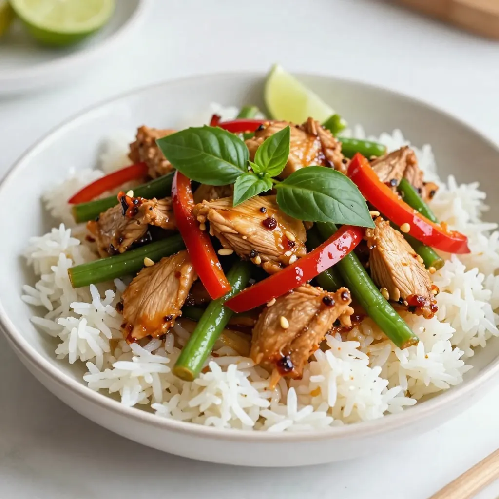 - 1 lb (450g) boneless chicken breast, thinly sliced - 2 tablespoons vegetable oil - 4 cloves garlic, minced - 2-3 Thai bird's eye chilies, finely chopped - 1 red bell pepper, sliced into thin strips - 1 cup green beans, trimmed and cut into 1-inch pieces - 1 onion, sliced into wedges - 2 tablespoons fish sauce - 1 tablespoon soy sauce - 1 tablespoon oyster sauce - 1 teaspoon sugar - 1 cup fresh Thai basil leaves The chicken is the star of this dish. Thin slices cook fast and stay juicy. Use boneless chicken breast for best results. The garlic and chilies add great flavor but can also bring heat. Adjust the amount of chilies based on your spice preference. The vegetables, like red bell pepper and green beans, add color and crunch. - Regular basil (if you can't find Thai basil) - Tofu or shrimp (as alternative proteins) If you don't have Thai basil, regular basil works in a pinch. It won't taste exactly the same but will still be tasty. For proteins, try using shrimp or tofu. They absorb flavors well and make nice substitutions. - Best sides: steamed broccoli, sautéed bok choy, or a simple salad - Recommended rice: jasmine rice for its fragrant taste Pair your spicy Thai basil chicken with steamed broccoli or sautéed bok choy for extra greens. A fresh salad also works well. Jasmine rice is the best choice here. Its fluffy texture complements the dish perfectly. {{ingredient_image_2}} - Preparing chicken and vegetables: Start by slicing the boneless chicken breast into thin strips. This helps the chicken cook evenly. Next, wash and chop your vegetables. Slice the red bell pepper into thin strips, and cut the onion into wedges. Trim the green beans and cut them into 1-inch pieces. Finally, mince the garlic and chop the Thai bird's eye chilies. Keep everything ready for quick cooking. - Making the sauce blend: In a small bowl, mix the fish sauce, soy sauce, oyster sauce, and sugar. Whisk them together until they blend well. This sauce adds a rich flavor to your dish. Set this aside for later. - Stir-frying technique: Heat 2 tablespoons of vegetable oil in a large pan or wok over medium-high heat. Once the oil is hot, add the minced garlic and chopped chilies. Sauté for about 30 seconds. This will release a fragrant aroma. Then, add the sliced chicken to the pan. Stir-fry for 5 to 7 minutes. Make sure to keep stirring so the chicken cooks all the way through. It should be no longer pink. - Ensuring perfect doneness: After the chicken is cooked, toss in the onion, red bell pepper, and green beans. Stir-fry for another 3 to 4 minutes. You want the veggies to be bright and slightly tender. This keeps them crunchy and fresh. Pour your sauce mixture over the stir-fried chicken and vegetables. Toss everything to coat well. Let it cook for an extra 2 minutes. This helps the flavors mix together. - Incorporating basil: Remove the pan from heat. Gently fold in the fresh Thai basil leaves. Stir just until the basil wilts, which takes about a minute. The heat will release its lovely aroma. - Serving tips for presentation: Serve the spicy Thai basil chicken over warm jasmine rice. For a beautiful touch, garnish with extra Thai basil leaves and slices of fresh chili. You can also add lime wedges on the side. This adds a zesty kick to your dish. Enjoy your colorful and tasty meal! Fresh ingredients matter a lot in this dish. Use fresh Thai basil for the best taste. It has a unique aroma that dried herbs can't match. Fresh chili peppers add heat and flavor. You can adjust spice levels by choosing fewer or more chilies. Start with two if you prefer milder heat. Use a wok or a large pan for even cooking. A wok heats quickly and cooks food fast. Keep your heat high while stir-frying. This helps to lock in flavors and keep chicken juicy. Aim for five to seven minutes for the chicken. The vegetables need three to four minutes to stay crunchy. If your sauce tastes too salty, add a splash of water. This helps balance the flavor. For bland sauce, mix in more soy sauce or fish sauce. You can also add a bit more sugar to enhance sweetness. If it's too spicy, add coconut milk for creaminess and to cool it down. Pro Tips Use Fresh Ingredients: Fresh Thai basil and crisp vegetables enhance the flavor and texture of your stir-fry, making it vibrant and delicious. Control the Spice Level: Adjust the number of Thai bird's eye chilies based on your heat preference, or use milder peppers if you enjoy less spice. Don't Overcook the Chicken: Stir-fry the chicken until just cooked through to keep it juicy and tender. Overcooking can make it dry and tough. Garnish for Presentation: Add extra Thai basil leaves and lime wedges when serving for a visually appealing dish and a fresh burst of flavor. {{image_4}} You can switch the chicken for other proteins. Tofu is a great choice for a vegetarian meal. Just press it to remove excess water and cut it into cubes. Shrimp also works well. Cook it until it turns pink and firm. You can even use ground meat like beef or pork. Cook it thoroughly, breaking it apart as it browns. For a plant-based version, use tofu or tempeh. Both soak up flavors well. Adjust flavors by adding more soy sauce or a dash of lime juice. You can also use mushrooms for a meaty texture. Mix in extra veggies like carrots or bell peppers. This adds color and nutrition. Try different spices to give your dish a new twist. For a Indian flair, add garam masala or cumin. A Mexican spin could use jalapeños and cilantro. You can swap Thai basil with mint or cilantro for a fresh taste. Get creative with your ingredients and make this dish your own! - Refrigeration tips: Store your spicy Thai basil chicken in an airtight container. It stays fresh for up to three days. Make sure it cools completely before sealing. This helps keep the moisture inside without making it soggy. - Freezing options: You can freeze leftovers, too. Place it in a freezer-safe container. It lasts for about one month. Just remember to divide it into smaller portions for quicker thawing. - Best methods to retain flavor: Reheat in a skillet over medium heat. Add a splash of water or oil to keep it moist. Stir often for even heating. This method keeps the flavors fresh and vibrant. - Avoiding sogginess: Avoid using the microwave if you can. If you must, use a microwave-safe dish. Cover loosely to prevent steam build-up, which can make it soggy. - Guidelines for freshness: Always check for freshness. If stored properly in the fridge, consume within three days. In the freezer, aim to eat it within one month. - Signs of spoilage: Look for off smells or changes in color. If the chicken has a slimy texture, it’s best to discard it. Trust your senses; they guide you well with food safety. Spicy Thai basil chicken is a popular Thai dish. It features chicken stir-fried with fresh Thai basil and spicy chilies. The dish has a rich, savory flavor that comes from fish sauce and oyster sauce. It is quick to make and full of vibrant colors and textures. Culturally, this dish represents the bold flavors of Thai cuisine. It highlights the use of fresh herbs and spices. Eating spicy Thai basil chicken connects you to the warm, lively street food culture of Thailand. Yes, you can easily adjust the heat level. To make it less spicy, use fewer bird's eye chilies. You can also remove the seeds for a milder taste. Try using sweet bell peppers or a pinch of black pepper as alternatives. These options will add flavor without the heat. You can serve spicy Thai basil chicken with jasmine rice. The rice absorbs the tasty sauce and balances the spice. For sides, consider fresh spring rolls or a light cucumber salad. These dishes add crunch and freshness, making your meal complete. In this post, I covered every aspect of making Spicy Thai Basil Chicken. You learned about the key ingredients, preparation steps, and cooking techniques. I provided tips for authentic flavors and shared variations, including vegetarian options. Cooking can be fun and rewarding. With the right tools and fresh ingredients, you will create a delicious meal. Follow these steps, and enjoy serving this dish. Happy cooking!