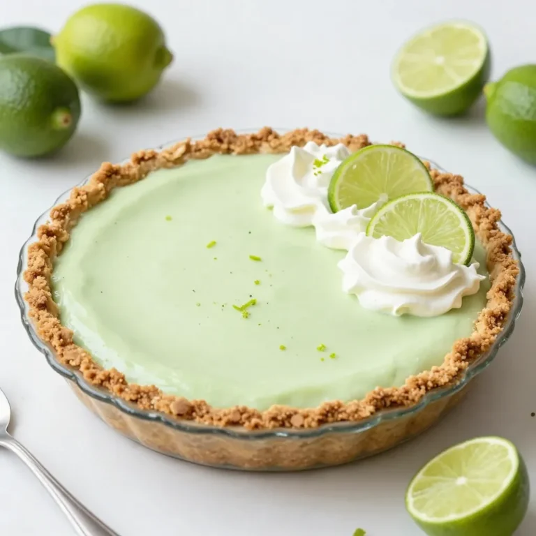 To make a zesty No-Bake Key Lime Pie, gather these key ingredients: - 1 ½ cups graham cracker crumbs - ½ cup granulated sugar - ½ cup unsalted butter, melted - 1 can (14 ounces) sweetened condensed milk - ½ cup freshly squeezed lime juice (about 4-5 limes) - Zest of 2 limes - 1 teaspoon pure vanilla extract - 1 cup heavy whipping cream - 2 tablespoons powdered sugar Each ingredient plays an important role. The graham cracker crumbs form a crunchy base. The sugar sweetens the pie without overpowering the tangy lime. Sweetened condensed milk adds creaminess while lime juice and zest give the pie its bright flavor. The vanilla extract enhances the overall taste. Heavy whipping cream creates a light and fluffy texture. For a lovely finish, consider these optional garnishes: - Thin slices of lime - Fresh whipped cream - Lime zest - Mint leaves These add color and freshness. They also enhance the visual appeal and flavor of your pie. A little garnish can make your dessert look extra special! If you need to make swaps for common allergens, here are some ideas: - Use gluten-free graham crackers for a gluten-free option. - Substitute coconut cream for dairy-free needs. - Replace granulated sugar with your favorite sweetener like honey or maple syrup. These substitutions keep the pie delicious while accommodating dietary needs. Cooking should be fun and inclusive! {{ingredient_image_2}} To make the crust, gather the graham cracker crumbs and granulated sugar in a bowl. Pour in the melted butter and mix with a fork. The mixture should feel like wet sand. Next, transfer this mix into a 9-inch pie dish. Press it firmly into the bottom and up the sides. Use your fingers or a measuring cup to ensure it's even. Chill the crust in the fridge for about 30 minutes. This helps it set. For the lime filling, grab another bowl. Whisk together the sweetened condensed milk, lime juice, lime zest, and vanilla extract. Keep mixing until it’s smooth. The filling should look creamy and thick. This blend captures that fresh lime flavor you love. Now, take a clean bowl and pour in the heavy whipping cream. Add the powdered sugar to it. Use an electric mixer on high speed to whip the cream. Watch for stiff peaks to form. Be careful not to over-whip. The cream should be light and fluffy. Gently fold the whipped cream into the lime mixture. Use a spatula and mix carefully. You want to keep that airy texture. Once combined, pour the filling into the chilled crust. Smooth the top with a spatula for a nice finish. Cover the pie with plastic wrap and refrigerate it for at least 4 hours. For best results, chill it overnight. This helps all the flavors meld together. Once set, slice and serve it cold. Enjoy your tasty treat! To make a great pie crust, use the right ratio of crumbs to butter. I find that 1 ½ cups of graham cracker crumbs and ½ cup of melted butter work well. Mix them with sugar. This blend should feel like wet sand. Press it firmly into your pie dish. Don't rush this step. A well-formed crust makes a big difference. Fresh lime juice is key for the best flavor. Use about 4-5 limes to get ½ cup of juice. Zest two limes for extra zing. This adds depth and brightness to your pie. Taste your filling before pouring it into the crust. If you want more tartness, add a touch more lime juice. Store your leftover pie in the fridge. Cover it with plastic wrap to keep it fresh. This pie tastes great for up to three days. If you want to save it longer, freeze it. Slice it first, then wrap each piece well. This way, you can enjoy a slice anytime! Pro Tips Chill the Bowl: For an even fluffier whipped cream, chill your mixing bowl and beaters in the freezer for about 15 minutes before whipping the cream. Fresh Lime Juice is Key: Always opt for freshly squeezed lime juice for the best flavor. Bottled lime juice lacks the brightness of fresh. Crust Texture Matters: Ensure the graham cracker crumbs are finely crushed and mixed well with the butter for a sturdy crust that holds together nicely. Let it Set: For the best texture and flavor, allow the pie to chill overnight. This helps the filling firm up and the flavors meld beautifully. {{image_4}} To make a dairy-free version, swap out the sweetened condensed milk. Use a coconut cream or a cashew cream instead. Blend soaked cashews with lime juice, sweetener, and zest for a creamy filling. This option keeps the zesty taste while being dairy-free. If you love chocolate, try adding cocoa to the crust. Mix 1 cup of graham cracker crumbs with ½ cup of cocoa powder and follow the crust steps. After filling the pie, drizzle melted dark chocolate on top. You can even add chocolate shavings for extra flair. For a gluten-free crust, use almond flour or gluten-free graham crackers. Simply substitute the regular graham cracker crumbs in the crust recipe. This will keep the pie delicious while catering to gluten sensitivities. Remember to check all ingredient labels to ensure they are gluten-free. To keep your no-bake key lime pie fresh, store it in the fridge. Use plastic wrap to cover it well. This stops the pie from drying out or picking up other smells. The pie tastes best if eaten within 3 to 5 days. If you want to save the pie for later, freezing works great. First, let the pie set in the fridge for at least 4 hours. Then cover it tightly with plastic wrap and foil. This keeps the pie safe from freezer burn. You can freeze it for up to 3 months. To enjoy your frozen pie, move it to the fridge. Let it thaw overnight for the best results. Avoid using a microwave, as that may change the texture. Once thawed, serve it cold for a refreshing treat. Yes, you can use bottled lime juice. However, fresh juice gives the best taste. Fresh limes have a bright and zesty flavor that really makes this pie shine. I recommend using fresh lime juice when you can. The pie will last up to four days in the fridge. It is best to keep it covered with plastic wrap. This helps maintain its freshness and prevents it from absorbing any odors. Key lime pie comes from the Florida Keys. It became popular in the early 20th century. The pie uses small, tart key limes, which are different from regular limes. These limes give the pie its unique flavor. Yes, this pie is perfect for making ahead of time. You can prepare it the day before your event. Chilling it overnight helps the flavors meld and makes it even tastier. Just remember to cover it well in the fridge! This blog post covered the key ingredients, step-by-step instructions, and helpful tips for a no-bake key lime pie. We explored variations, including dairy-free and gluten-free options, plus storage info to keep your pie fresh. In summary, making a no-bake key lime pie is easy and fun. With these steps, you can impress family and friends. Get ready to enjoy a delicious treat that's perfect for any occasion.