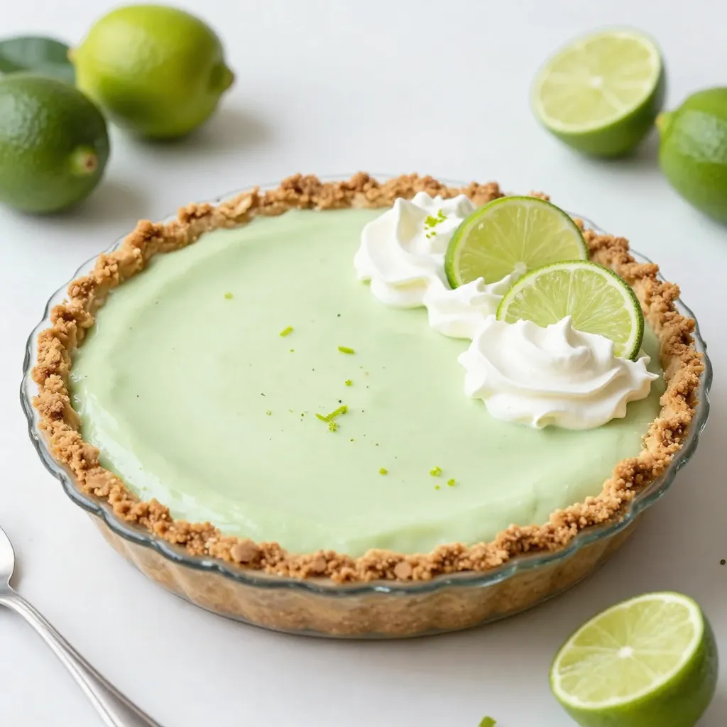 To make a zesty No-Bake Key Lime Pie, gather these key ingredients: - 1 ½ cups graham cracker crumbs - ½ cup granulated sugar - ½ cup unsalted butter, melted - 1 can (14 ounces) sweetened condensed milk - ½ cup freshly squeezed lime juice (about 4-5 limes) - Zest of 2 limes - 1 teaspoon pure vanilla extract - 1 cup heavy whipping cream - 2 tablespoons powdered sugar Each ingredient plays an important role. The graham cracker crumbs form a crunchy base. The sugar sweetens the pie without overpowering the tangy lime. Sweetened condensed milk adds creaminess while lime juice and zest give the pie its bright flavor. The vanilla extract enhances the overall taste. Heavy whipping cream creates a light and fluffy texture. For a lovely finish, consider these optional garnishes: - Thin slices of lime - Fresh whipped cream - Lime zest - Mint leaves These add color and freshness. They also enhance the visual appeal and flavor of your pie. A little garnish can make your dessert look extra special! If you need to make swaps for common allergens, here are some ideas: - Use gluten-free graham crackers for a gluten-free option. - Substitute coconut cream for dairy-free needs. - Replace granulated sugar with your favorite sweetener like honey or maple syrup. These substitutions keep the pie delicious while accommodating dietary needs. Cooking should be fun and inclusive! {{ingredient_image_2}} To make the crust, gather the graham cracker crumbs and granulated sugar in a bowl. Pour in the melted butter and mix with a fork. The mixture should feel like wet sand. Next, transfer this mix into a 9-inch pie dish. Press it firmly into the bottom and up the sides. Use your fingers or a measuring cup to ensure it's even. Chill the crust in the fridge for about 30 minutes. This helps it set. For the lime filling, grab another bowl. Whisk together the sweetened condensed milk, lime juice, lime zest, and vanilla extract. Keep mixing until it’s smooth. The filling should look creamy and thick. This blend captures that fresh lime flavor you love. Now, take a clean bowl and pour in the heavy whipping cream. Add the powdered sugar to it. Use an electric mixer on high speed to whip the cream. Watch for stiff peaks to form. Be careful not to over-whip. The cream should be light and fluffy. Gently fold the whipped cream into the lime mixture. Use a spatula and mix carefully. You want to keep that airy texture. Once combined, pour the filling into the chilled crust. Smooth the top with a spatula for a nice finish. Cover the pie with plastic wrap and refrigerate it for at least 4 hours. For best results, chill it overnight. This helps all the flavors meld together. Once set, slice and serve it cold. Enjoy your tasty treat! To make a great pie crust, use the right ratio of crumbs to butter. I find that 1 ½ cups of graham cracker crumbs and ½ cup of melted butter work well. Mix them with sugar. This blend should feel like wet sand. Press it firmly into your pie dish. Don't rush this step. A well-formed crust makes a big difference. Fresh lime juice is key for the best flavor. Use about 4-5 limes to get ½ cup of juice. Zest two limes for extra zing. This adds depth and brightness to your pie. Taste your filling before pouring it into the crust. If you want more tartness, add a touch more lime juice. Store your leftover pie in the fridge. Cover it with plastic wrap to keep it fresh. This pie tastes great for up to three days. If you want to save it longer, freeze it. Slice it first, then wrap each piece well. This way, you can enjoy a slice anytime! Pro Tips Chill the Bowl: For an even fluffier whipped cream, chill your mixing bowl and beaters in the freezer for about 15 minutes before whipping the cream. Fresh Lime Juice is Key: Always opt for freshly squeezed lime juice for the best flavor. Bottled lime juice lacks the brightness of fresh. Crust Texture Matters: Ensure the graham cracker crumbs are finely crushed and mixed well with the butter for a sturdy crust that holds together nicely. Let it Set: For the best texture and flavor, allow the pie to chill overnight. This helps the filling firm up and the flavors meld beautifully. {{image_4}} To make a dairy-free version, swap out the sweetened condensed milk. Use a coconut cream or a cashew cream instead. Blend soaked cashews with lime juice, sweetener, and zest for a creamy filling. This option keeps the zesty taste while being dairy-free. If you love chocolate, try adding cocoa to the crust. Mix 1 cup of graham cracker crumbs with ½ cup of cocoa powder and follow the crust steps. After filling the pie, drizzle melted dark chocolate on top. You can even add chocolate shavings for extra flair. For a gluten-free crust, use almond flour or gluten-free graham crackers. Simply substitute the regular graham cracker crumbs in the crust recipe. This will keep the pie delicious while catering to gluten sensitivities. Remember to check all ingredient labels to ensure they are gluten-free. To keep your no-bake key lime pie fresh, store it in the fridge. Use plastic wrap to cover it well. This stops the pie from drying out or picking up other smells. The pie tastes best if eaten within 3 to 5 days. If you want to save the pie for later, freezing works great. First, let the pie set in the fridge for at least 4 hours. Then cover it tightly with plastic wrap and foil. This keeps the pie safe from freezer burn. You can freeze it for up to 3 months. To enjoy your frozen pie, move it to the fridge. Let it thaw overnight for the best results. Avoid using a microwave, as that may change the texture. Once thawed, serve it cold for a refreshing treat. Yes, you can use bottled lime juice. However, fresh juice gives the best taste. Fresh limes have a bright and zesty flavor that really makes this pie shine. I recommend using fresh lime juice when you can. The pie will last up to four days in the fridge. It is best to keep it covered with plastic wrap. This helps maintain its freshness and prevents it from absorbing any odors. Key lime pie comes from the Florida Keys. It became popular in the early 20th century. The pie uses small, tart key limes, which are different from regular limes. These limes give the pie its unique flavor. Yes, this pie is perfect for making ahead of time. You can prepare it the day before your event. Chilling it overnight helps the flavors meld and makes it even tastier. Just remember to cover it well in the fridge! This blog post covered the key ingredients, step-by-step instructions, and helpful tips for a no-bake key lime pie. We explored variations, including dairy-free and gluten-free options, plus storage info to keep your pie fresh. In summary, making a no-bake key lime pie is easy and fun. With these steps, you can impress family and friends. Get ready to enjoy a delicious treat that's perfect for any occasion.