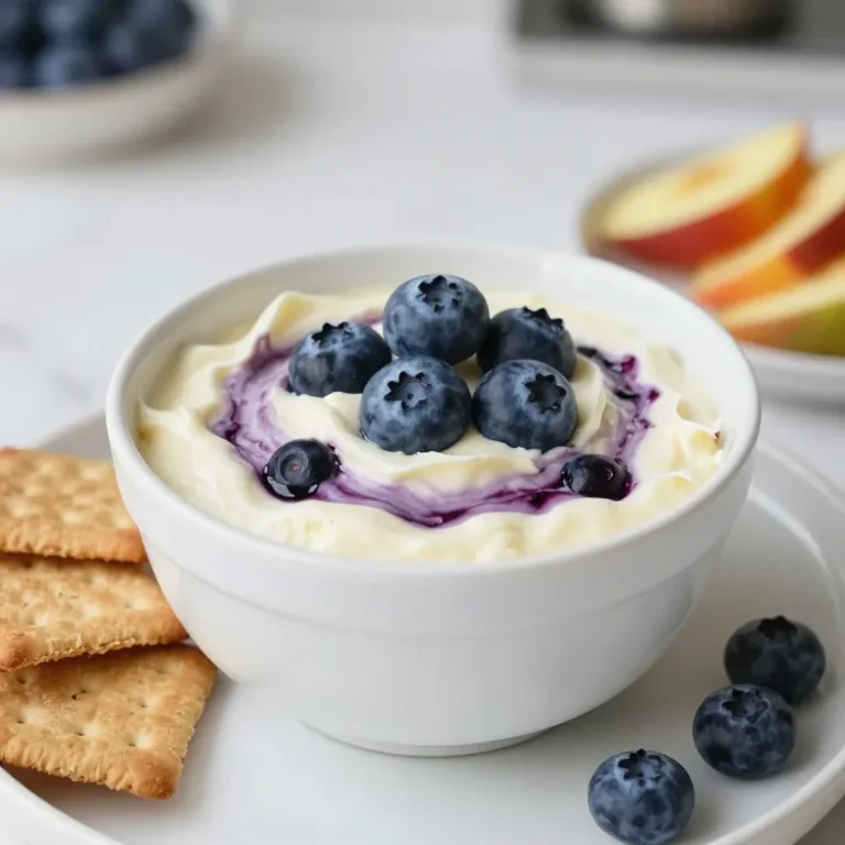 - 8 oz cream cheese, softened - 1/2 cup sour cream - 1/2 cup powdered sugar - 1 teaspoon pure vanilla extract - 1 cup fresh blueberries (plus extra for garnish) - 1 tablespoon fresh lemon juice - 1/4 teaspoon ground cinnamon - Assorted graham crackers, cookies, or fresh fruit for dipping For the cream cheese, use a low-fat version if you want, but regular gives the best taste. Sour cream can be swapped with plain Greek yogurt for a tangy twist. If you don’t have powdered sugar, you can blend regular sugar until fine. For vanilla extract, try almond extract for a different flavor. Fresh blueberries are ideal, but frozen ones work in a pinch. Just make sure to thaw them first. This dip serves about 6-8 people. Each serving has roughly: - Calories: 210 - Fat: 15g - Carbohydrates: 17g - Protein: 3g - Fiber: 1g This dip is a sweet treat but still has some nutritional benefits from the blueberries, which are high in antioxidants. Enjoy in moderation! {{ingredient_image_2}} Start with 8 oz of softened cream cheese. Place it in a medium bowl. Beat it with an electric mixer on medium speed. Mix until it is smooth and creamy, with no lumps. This step is key for a nice dip. Next, add 1/2 cup of sour cream. Then, add 1/2 cup of powdered sugar and 1 teaspoon of pure vanilla extract. Keep mixing until the mix is velvety and well combined. Now, take 1 cup of fresh blueberries. Mash half of them in a small bowl with a fork. Leave some chunks for texture. Mix in 1 tablespoon of fresh lemon juice and 1/4 teaspoon of ground cinnamon. Stir until it’s blended well. This blueberry mix adds a fruity burst to your dip. Gently fold the mashed blueberry mix into the cream cheese base. Use a spatula to create swirls. Be careful not to overmix; you want to keep those pretty swirls. Now, transfer the dip into a nice serving bowl. For a lovely touch, add the reserved blueberries on top for garnish. Serve it right away with graham crackers, cookies, or fresh fruit. Enjoy this creamy and fruity delight! To get a smooth dip, start with softened cream cheese. Cold cream cheese will not mix well. Beat it well until it is creamy and lump-free. Mix in sour cream and powdered sugar next. This adds creaminess and sweetness. Make sure to blend until it is velvety. Avoid overmixing at the end to keep some of the blueberry texture. For a tasty twist, add a hint of lemon juice. It brightens the flavors and balances the sweetness. You can also try a pinch of ground cinnamon. This adds warmth and depth to the dip. If you want more blueberry flavor, fold in more mashed blueberries. Feel free to experiment with flavors you enjoy. Serve the dip in a pretty bowl for a great look. Top it with fresh blueberries for color. Pair the dip with graham crackers, cookies, or fresh fruit. Try strawberries or apple slices for something different. This dip is perfect for parties or as a fun snack at home. Enjoy every creamy bite! Pro Tips Use Room Temperature Ingredients: Ensuring your cream cheese and sour cream are at room temperature will make it easier to achieve a smooth and creamy dip without lumps. Fresh vs. Frozen Blueberries: For the best flavor and texture, always opt for fresh blueberries. If using frozen, make sure to thaw and drain them well to avoid excess moisture. Customize Your Sweetness: Adjust the amount of powdered sugar to suit your taste. If you prefer a less sweet dip, start with less sugar and add more if needed. Presentation Matters: For an appealing presentation, serve the dip in a decorative bowl and garnish with extra blueberries and a sprinkle of cinnamon on top. {{image_4}} You can change up the fruit in this dip. Instead of blueberries, try strawberries, raspberries, or diced peaches. Each fruit brings a new taste. You can also mix in nuts or coconut for added crunch. If you like a bit of spice, add a touch of nutmeg or ginger. Toppings can make your dip extra special. Try crushed graham crackers for a crunchy layer. You can also sprinkle some chocolate chips or mini marshmallows on top. Fresh mint leaves add color and a burst of flavor. Get creative with your toppings to match your taste. To make this dip gluten-free, use gluten-free graham crackers or cookies. Fresh fruit is a great choice too. You can even use gluten-free pretzels for a salty twist. Always check labels to ensure your ingredients are gluten-free. This way, everyone can enjoy this tasty treat! After enjoying your Blueberry Cheesecake Dip, store any leftovers in an airtight container. This keeps the dip fresh and tasty. Make sure to cover it well to avoid drying out. You can also wrap the bowl tightly with plastic wrap if needed. This dip tastes best when served cold. If your dip seems a bit thick after storage, mix in a splash of sour cream or cream cheese. Stir it well to regain that creamy texture. Avoid heating it in the microwave, as it may change the flavor. You can store the Blueberry Cheesecake Dip in the fridge for up to 3 days. After that, the freshness may fade. Always check for any off smells or changes in texture before enjoying it again. Yes, Blueberry Cheesecake Dip can be gluten-free. The main dip ingredients, like cream cheese and sour cream, are gluten-free. To keep it gluten-free, use gluten-free graham crackers or fruit for dipping. You can make this dip ahead of time. It stays fresh in the fridge for up to two days. Just cover it well to keep it from drying out. Serve it chilled for the best taste. You have many options for dipping! Try using cookies, fresh fruit like strawberries or apple slices, or even pretzels. Each adds a fun twist to the tasty dip. Yes, you can use frozen blueberries! Just thaw them before mashing. Keep in mind that frozen berries may be more watery. This might change the dip's texture slightly. This blog post covered how to make a tasty Blueberry Cheesecake Dip. We looked at the key ingredients, like cream cheese and blueberries, and shared helpful tips for the best texture and taste. You learned about fun variations and storage tips, so your dip stays fresh. In conclusion, I hope you feel ready to try this easy recipe. Enjoy experimenting with flavors and toppings to make it your own!