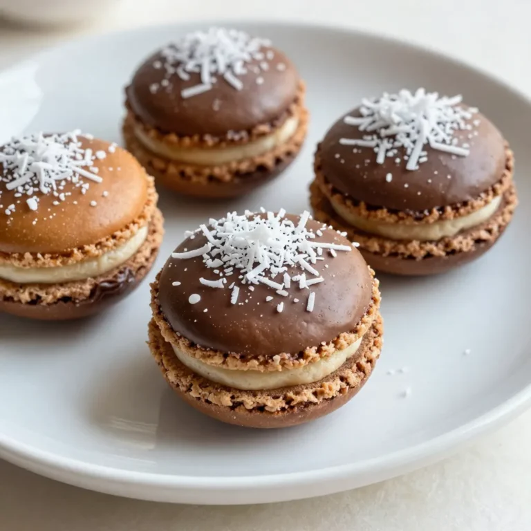 - 3 cups sweetened shredded coconut - 1/2 cup sweetened condensed milk - 1 teaspoon vanilla extract - 1/4 teaspoon almond extract - 2 large egg whites - 1/4 teaspoon salt To make these macaroons, I start with sweetened shredded coconut. This gives the cookies a rich flavor. I mix the coconut with sweetened condensed milk, which adds a creamy sweetness. I also add vanilla and almond extracts for extra depth. Then, I whip two large egg whites with a pinch of salt. This step is key for fluffiness. - 6 ounces semi-sweet chocolate chips - 1 tablespoon coconut oil For the chocolate coating, I use semi-sweet chocolate chips. They melt down beautifully. Adding a tablespoon of coconut oil makes the chocolate smooth and glossy. This combination coats the macaroons perfectly. When you want to change the serving size, it is easy. Just adjust the amounts of each ingredient. If you need substitutes, consider these options: - For sweetened condensed milk, try coconut milk with sugar. - Use flaxseed meal mixed with water as an egg white substitute. - If you can’t have nuts, skip the almond extract. Vanilla alone works well. This flexibility makes baking accessible for everyone! {{ingredient_image_2}} Preheat your oven to 325°F (160°C). This heat makes the macaroons bake evenly. While the oven warms, line a baking sheet with parchment paper. This step prevents the macaroons from sticking and makes cleanup easy. In a large bowl, combine 3 cups of sweetened shredded coconut with 1/2 cup of sweetened condensed milk. Add 1 teaspoon of vanilla extract and 1/4 teaspoon of almond extract. Mix it well until the coconut is coated. This mixture gives the macaroons their rich flavor. Take 2 large egg whites and add 1/4 teaspoon of salt into a clean bowl. Use an electric mixer to whip the egg whites. Beat them until soft peaks form, which takes about 2-3 minutes. Soft peaks look fluffy and shiny. This step adds lightness to the macaroons. Gently fold the whipped egg whites into the coconut mixture using a silicone spatula. Use a gentle motion to combine them. Be careful not to overmix. This helps keep the airiness from the whipped egg whites. Use a tablespoon or a small ice cream scoop to form small mounds of the mixture. Place each mound on the lined baking sheet, spacing them about an inch apart. Bake in the oven for 20-25 minutes. Look for a golden brown color around the edges. After baking, let them cool on the sheet for 10 minutes before moving them to a wire rack. In a microwave-safe bowl, add 6 ounces of semi-sweet chocolate chips and 1 tablespoon of coconut oil. Microwave this mixture in 30-second intervals. Stir after each interval until smooth. Be careful not to overheat the chocolate; it should melt evenly. Once the macaroons are cool, dip the bottom half into the melted chocolate. Let any excess chocolate drip off before placing them back on the wire rack. This method ensures a nice and even coating. Allow the chocolate to set at room temperature. If you want to speed it up, place the tray in the refrigerator for about 15-20 minutes. This helps the chocolate harden completely, making for a perfect finish on your macaroons. To get the best texture and flavor, do not overmix your batter. Overmixing can make the macaroons dense. Gently fold the whipped egg whites into the coconut mixture. This keeps the airy texture. Using fresh ingredients is key. Fresh coconut and eggs will enhance the taste. Always check the expiration dates on your ingredients. For a stunning display, arrange the macaroons on a decorative platter. You can also sprinkle extra shredded coconut on top before the chocolate sets. This adds a nice touch and visual appeal. Consider using colored sprinkles or nuts for variety. This makes your macaroons not only tasty but also fun to look at! One common mistake is overbaking or underbaking the macaroons. Watch for a lovely golden brown color around the edges. Use a timer to keep track of baking time. Another issue can be related to the egg whites. Make sure your bowl is clean and dry before whipping. Any fat or yolk can stop them from whipping properly. Pro Tips Use Fresh Ingredients: To achieve the best flavor and texture, ensure that your shredded coconut is fresh. Stale coconut can affect the taste of your macaroons. Room Temperature Egg Whites: For better volume and stability, let your egg whites sit at room temperature for about 30 minutes before whipping them. This can help you achieve a fluffier texture. Chocolate Tempering: If you're feeling adventurous, temper the chocolate before dipping your macaroons. This will give the chocolate a nice shine and a satisfying snap when bitten into. Storage Tips: Keep your macaroons in an airtight container at room temperature or refrigerate them for longer freshness. They can last up to a week if stored properly. {{image_4}} You can easily change the flavor of your macaroons. Try using different extracts. Coconut extract gives a stronger coconut taste. Orange extract adds a bright, fresh note. You can also add spices like cinnamon for warmth. Just a pinch can make a big difference. When picking chocolate, think about your taste. Dark chocolate has a rich flavor. It pairs well with the sweetness of the macaroons. Milk chocolate is sweeter and creamier, which some may prefer. You can also use flavored chocolate melts. They come in many fun flavors, like mint or raspberry. This adds a unique twist to your treat. For a different taste, try using toasted coconut. Toasting adds a nutty flavor and crunch. You can also mix in nuts or dried fruits. Almonds or macadamia nuts add a nice texture. Dried cherries or mango can give a fruity surprise. Each choice lets you create a macaroon that’s all your own! Store your chocolate-dipped coconut macaroons in an airtight container. I recommend using a glass or plastic container with a tight lid. This helps lock in moisture and keeps them fresh. Place a layer of parchment paper between the macaroons to prevent sticking. If you have extra coconut, sprinkle some on top for added flavor. This also looks nice! You can freeze these macaroons easily. First, let them cool completely. Then, place them in a single layer on a baking sheet. Freeze for one hour. After that, transfer them to a freezer-safe container. They can stay fresh in the freezer for up to three months. When you're ready to enjoy, thaw them in the fridge overnight or at room temperature for about an hour. Check for a few key signs to know if your macaroons are still good. Look for any mold or unusual smells. If they feel dry or hard, they might be past their prime. Fresh macaroons should be soft and chewy. If you see any changes in color, it’s best to toss them out. Always trust your senses! Chocolate dipped coconut macaroons are sweet, chewy treats made from shredded coconut. They blend sweetened coconut with egg whites and condensed milk. Each macaroon gets a delightful dip in rich chocolate. This dessert is perfect for coconut lovers. Yes, you can make these macaroons vegan. Replace the egg whites with aquafaba, the liquid from canned chickpeas. Use about 3 tablespoons of aquafaba for each egg white. This swap works well and still gives a great texture. Homemade macaroons last about a week at room temperature. Store them in an airtight container to keep them fresh. If you put them in the fridge, they can last up to two weeks. Just remember to let them warm up a little before eating. You can buy chocolate dipped coconut macaroons at local bakeries or specialty shops. Many bakeries sell them fresh. If you prefer online shopping, check websites like Etsy or gourmet food retailers. They often have unique flavors too. You can use unsweetened coconut, but it will change the flavor. The macaroons may taste less sweet and more coconutty. If you choose this option, add a little sugar to the mix to balance the flavors. This adjustment keeps your macaroons delicious. You learned how to make chocolate dipped coconut macaroons with simple steps. We covered the key ingredients, proper techniques, and tips for the best results. Don't forget to experiment with flavors and keep your macaroons fresh with proper storage. With a little care and creativity, you can enjoy these treats or share them with friends. Now, it’s your turn to try this delicious recipe and impress everyone!