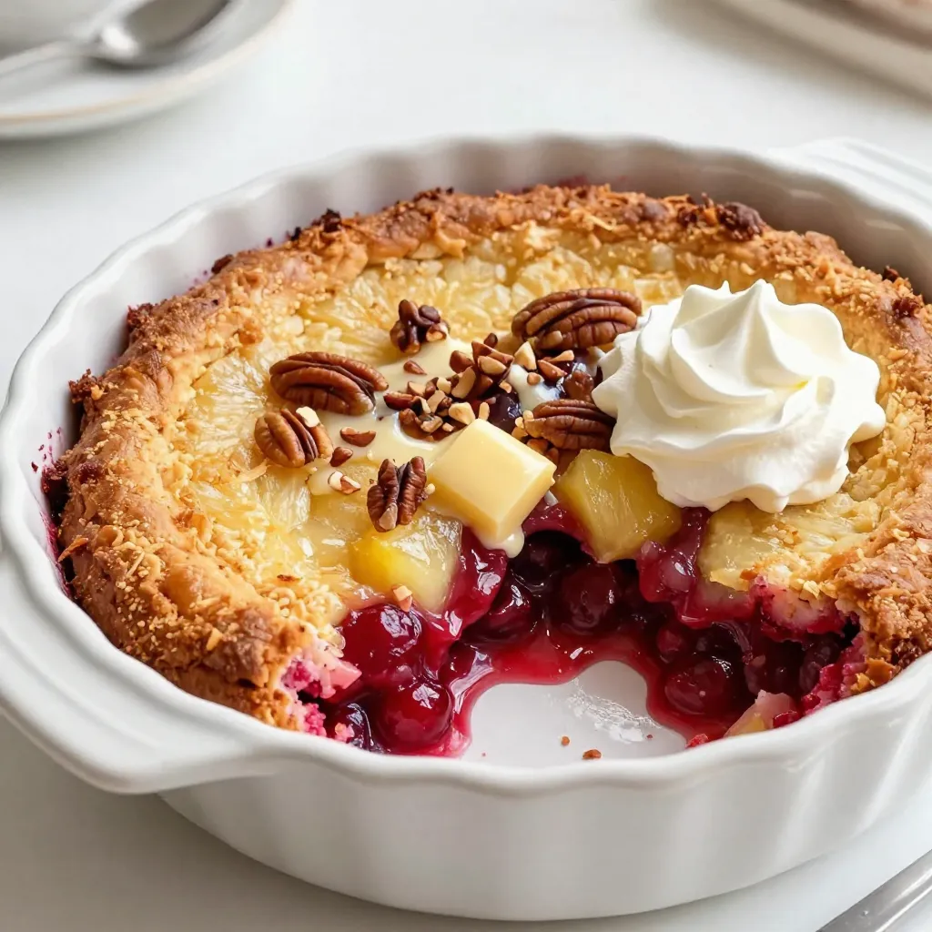 To make a Cherry Pineapple Dump Cake, gather these simple ingredients: - 1 can (20 oz) crushed pineapple, undrained - 1 can (21 oz) cherry pie filling - 1 box (15.25 oz) yellow cake mix - 1 cup unsalted butter, melted - 1/2 cup chopped pecans or walnuts (optional) - Whipped cream or vanilla ice cream for serving Each ingredient plays a key role in creating this tasty dessert. The crushed pineapple adds moisture and sweetness. The cherry pie filling brings a burst of fruity flavor. The yellow cake mix forms the perfect crumbly top. Melted butter creates a golden crust that holds it all together. If you choose to add nuts, they give a nice crunch. Finally, whipped cream or ice cream makes the dish extra special. This dessert is simple but packs a lot of flavor. You can easily find these ingredients at any grocery store. The best part? You can keep it fun and creative by adding your favorite toppings! {{ingredient_image_2}} Start by preheating your oven to 350°F (175°C). This step is crucial. It ensures your cake bakes evenly. A hot oven helps create a nice texture. Grab a 9x13-inch baking dish. Pour the undrained crushed pineapple into the dish. Spread it evenly across the bottom. This juicy layer will be the cake’s base. Next, carefully spoon the cherry pie filling over the pineapple. Spread it out so each bite has sweet cherry flavor. Open the box of yellow cake mix. Sprinkle the dry mix evenly on top. Do not mix; just layer it. This will form the cake's topping. Now, take your melted butter. Drizzle it over the cake mix. Try to cover as much of the dry mix as you can. This step helps achieve that golden, crispy topping. Place the baking dish in the preheated oven. Bake for 40-45 minutes. You want the top to be golden brown and the edges bubbling. Once done, take it out and let it cool for about 10 minutes. This cooling time helps the layers set. It makes serving easier and keeps the cake from falling apart. To get a golden crust, start by preheating your oven to 350°F. This ensures even baking. Once you pour in the crushed pineapple, spread it evenly. This helps keep the cake moist. When you add the cherry pie filling, make sure it covers the pineapple well. The cake mix should go on top in an even layer. Do not mix! This will create a nice texture. Drizzling melted butter over the mix is key. It helps achieve that crispy top we all love. Bake for 40-45 minutes until the edges bubble. You want a golden brown color that says, “I am ready to eat!” Serving Cherry Pineapple Dump Cake warm makes it even better. Top it with whipped cream or a scoop of vanilla ice cream. This adds creaminess and balances the sweetness. For a pop of color, garnish with fresh cherries or pineapple slices. This makes your dessert look fancy and appetizing. Your friends and family will love it! If you want to switch things up, try different fruits. Peaches or blueberries work well as alternatives. You can even mix fruits for a fun twist. Instead of yellow cake mix, use a gluten-free option. If you want a nutty flavor, add chopped pecans or walnuts. Don't worry if you don’t like nuts; you can leave them out. This dessert is flexible and can fit your taste! Pro Tips Use Fresh Cherries: For an even more vibrant flavor, consider using fresh cherries instead of canned pie filling. Just pit and slice them, and toss them with a little sugar to enhance their sweetness. Experiment with Cake Mix: While yellow cake mix is classic, try using different flavors like chocolate or spice cake for a unique twist on this dump cake. Layering Technique: Make sure to layer the ingredients carefully as directed; this helps to create distinct layers that add to the overall texture and flavor profile of the cake. Serving Suggestions: For an extra special treat, serve the dump cake with a drizzle of caramel sauce or a sprinkle of toasted coconut on top for added richness. {{image_4}} You can have fun with flavors. Try using peach, blueberry, or mixed berry. Each fruit brings its own taste. For a peach dump cake, use canned peaches instead of cherry filling. Blueberries add a sweet and tart kick. Mixed berries give you a burst of fruity goodness. Experimenting keeps your dessert fresh and exciting. If you need gluten-free options, there are cake mixes available. Look for a gluten-free yellow cake mix in stores. For vegan choices, use vegan butter instead of regular butter. This way, you can still enjoy the cake without the dairy. Both options make the cake just as tasty and fun for everyone. Using a slow cooker is an easy way to prepare this dessert. First, spray your slow cooker with non-stick spray. Layer the crushed pineapple and cherry filling just like usual. Next, sprinkle the cake mix on top. Finally, drizzle melted butter over everything. Cook on low for about 3 to 4 hours. This method gives you a warm, gooey treat with less fuss. To keep your Cherry Pineapple Dump Cake fresh, store it in the fridge. Place it in an airtight container or cover it tightly with plastic wrap. If you want to save it for later, you can freeze it too. Cut the cake into pieces and wrap each piece in plastic wrap. Then, place them in a freezer-safe bag. This way, you can enjoy your dessert anytime! When you're ready to enjoy your leftovers, reheating is key. The best method is to use the oven. Preheat your oven to 350°F (175°C). Place the cake in a baking dish and cover it with foil. Heat for about 15-20 minutes. This will help keep the texture soft and the flavors intact. You can also use the microwave, but it may make the cake a bit soggy. Cherry Pineapple Dump Cake lasts about 3-5 days in the fridge. If you freeze it, it can stay good for up to 3 months. Just remember to label your containers with the date, so you know how long they have been stored. Always check for any signs of spoilage before eating leftovers. It takes about 55 minutes to make this cake. You need 10 minutes to prep and 40-45 minutes for baking. The cake cooks quickly and is easy to make. Yes, you can use fresh fruit! Just chop fresh pineapples and cherries. However, you may need to adjust the sugar. Canned fruit is sweeter and juicier, while fresh fruit may need extra sweetness. You can make this dump cake ahead of time. Mix all the layers and store them in the fridge. Bake it just before serving. This saves time and keeps it fresh. You can use any cake mix you like. Chocolate cake mix or vanilla cake mix works well. Just follow the same steps for layering and baking. You can also make a homemade cake mix if you prefer. Check for a golden brown color on top. The edges should bubble a bit. A toothpick inserted into the center should come out clean. If it’s not ready, bake it a few more minutes. This blog post covered a simple and tasty cherry pineapple dump cake recipe. You learned about the key ingredients and how to layer them for perfect results. We discussed tips for getting a golden crust and variations to try. Remember, you can store this cake and enjoy it later. Don't be afraid to mix flavors or make substitutions that suit your taste. I hope this encourages you to create your own delicious dessert soon!