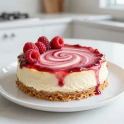 - 1 &frac12; cups graham cracker crumbs - &frac12; cup unsalted butter, melted - 1 cup fresh raspberries (reserve some for garnish) - 2 tablespoons granulated sugar (for the raspberries) - 16 oz cream cheese, softened to room temperature - 1 cup granulated sugar - 3 large eggs, at room temperature - 1 teaspoon pure vanilla extract - 2 tablespoons all-purpose flour - &frac12; cup sour cream - Mixing bowls - Electric hand mixer - Springform pan - Small saucepan - Spatula Gathering your ingredients is key to making a perfect raspberry swirl cheesecake. Start with the crust. You will need graham cracker crumbs and melted butter. This mixture gives your cheesecake a nice, crunchy base. Next, for the filling, you will use cream cheese, sugar, eggs, vanilla, sour cream, and a bit of flour. Each one plays an important role. The cream cheese gives the cheesecake its rich texture. The sugar adds sweetness, while eggs help it set. Don't forget the fresh raspberries! They create that lovely swirl and add a tart flavor. Save some for decoration too. For tools, you will need mixing bowls and an electric hand mixer. A springform pan makes it easy to remove the cheesecake. A small saucepan is for cooking the raspberries, and a spatula helps with mixing and spreading. Having everything ready will make your baking experience smooth and fun! {{ingredient_image_2}} To start, take a small saucepan and add 1 cup of fresh raspberries along with 2 tablespoons of sugar. Cook this mixture over medium heat. Stir it gently as it heats up. In about 5-7 minutes, the raspberries will break down. You want the mixture to thicken slightly. Once it thickens, take it off the heat and let it cool. This sauce adds a fruity punch to our cheesecake. Next, preheat your oven to 325&deg;F (160&deg;C). In a mixing bowl, combine 1 &frac12; cups of graham cracker crumbs with &frac12; cup of melted unsalted butter. Stir the mix until it looks like wet sand. Now, press this mixture evenly into the bottom of a 9-inch springform pan. Bake the crust for about 10 minutes until it turns a light golden color. After baking, remove it from the oven and let it cool completely. In a large mixing bowl, take 16 oz of softened cream cheese. Use an electric hand mixer to beat it until smooth and creamy. Gradually add in 1 cup of granulated sugar. Keep mixing until there are no lumps left. Now, add 3 large eggs one at a time. Mix well after each egg. Next, include 1 teaspoon of pure vanilla extract and &frac12; cup of sour cream. Mix until everything is fully combined. Finally, sprinkle in 2 tablespoons of all-purpose flour and mix just until combined. Pour half of the cheesecake batter over the cooled crust. Now, drizzle half of the raspberry sauce on top of the batter. To create a lovely swirl, use a butter knife or skewer. Gently swirl the raspberry sauce into the cheesecake batter. Repeat this with the rest of the batter and raspberry sauce. This step is key for a beautiful finish. Place the cheesecake in your preheated oven and bake it for 55-60 minutes. The edges should look set, but the center should still jiggle slightly. This jiggle means it&rsquo;s done. Once the baking time is up, turn off the oven and crack the door open. Leave the cheesecake inside for about 1 hour. This helps it cool slowly and prevents cracks. After the cheesecake cools in the oven, take it out and let it reach room temperature. Cover it tightly with plastic wrap and place it in the fridge. Chill for at least 4 hours, but overnight is best. This chilling time helps the flavors meld together. When ready to serve, remove the cheesecake from the fridge. Garnish with reserved fresh raspberries on top. Slice into pieces and enjoy! To make a stunning raspberry swirl, follow these tips: - Use a butter knife or skewer to create the swirl. - Pour half the cheesecake batter first, then drizzle raspberry sauce on top. - Gently swirl the knife through the batter to mix without fully blending. This technique gives you that eye-catching marbled look that impresses everyone. Avoid these common pitfalls for the best cheesecake: - Overmixing: This can add too much air to the batter. It might cause cracks during baking. Mix just until combined. - Cracking: To prevent cracks, cool the cheesecake in the oven with the door slightly ajar. This slow cooling allows the cheesecake to set evenly. Present your cheesecake like a pro with these ideas: - Serve with whipped cream on top for extra creaminess. - Garnish with reserved fresh raspberries for a pop of color. - Consider a drizzle of raspberry sauce over each slice for added flavor. These tips will make your raspberry swirl cheesecake look as good as it tastes! Pro Tips Use Room Temperature Ingredients: For a smoother cheesecake, ensure that your cream cheese and eggs are at room temperature before mixing. This helps prevent lumps in the batter. Don&rsquo;t Overmix: Once you add the eggs and flour, mix just until combined. Overmixing can lead to a dense cheesecake texture. Prevent Cracks: Allow the cheesecake to cool gradually in the oven with the door slightly ajar after baking. This helps to prevent cracks on the surface. Chill Overnight: For the best flavor and texture, refrigerate the cheesecake overnight. This allows the flavors to develop and the cheesecake to set properly. {{image_4}} You can change the fruit in your cheesecake for a new taste. Try strawberries for a sweet twist. Blueberries also work well, adding a lovely color and flavor. Simply replace the raspberries with your chosen fruit. You still cook them with sugar to make a sauce. This keeps the swirl effect and adds fun flavors. Want to mix things up? Add chocolate chips to the batter. They melt and give a rich taste. You can also add lemon zest for a bright, fresh kick. Just a teaspoon will enhance the cheesecake without overpowering it. These little changes can make a big difference in taste. Need gluten-free options? Use almond flour instead of graham cracker crumbs for the crust. You can also use a gluten-free cookie if you prefer. If you are vegan, try cashew cream instead of cream cheese. Use flax eggs to replace the eggs. Both options keep the cheesecake creamy and delicious while meeting your dietary needs. To keep your raspberry swirl cheesecake fresh, store it in the fridge. Use a tight cover or wrap to keep it safe. This helps it stay moist and tasty. Place it on a shelf, not in the door, for the best temperature. You can freeze cheesecake if you need to save some for later. First, let it cool completely. Then, wrap it well in plastic wrap. Use aluminum foil for extra protection. You can freeze it for up to three months. To thaw, place it in the fridge overnight. This keeps the texture nice and creamy. When stored properly, your cheesecake can stay fresh in the fridge for about five days. If you freeze it, it lasts longer. But remember, the sooner you eat it, the better it tastes! Enjoy your delicious creation while it&rsquo;s at its best. You can tell your cheesecake is ready by looking for a few signs: - The edges are set. - The center has a slight jiggle. - It should not look wet or soupy. If you see these signs, your cheesecake is done baking! Yes, you can use frozen raspberries! Here are some tips: - Thaw them first before cooking. - Drain any excess liquid to avoid a watery sauce. - Use the same amount as fresh raspberries. Frozen raspberries work great and still taste good! If you want a different crust, try these options: - Crushed cookies, like Oreos or vanilla wafers. - Ground nuts, like almonds or pecans. - Oats mixed with melted butter. These alternatives add a unique twist to your cheesecake. Chilling is key for the best flavor. I recommend: - Chill for at least 4 hours. - For better taste, chill overnight. This time allows the flavors to blend nicely. Enjoy your creamy delight! In this post, we explored how to make a delicious raspberry swirl cheesecake. You learned about each ingredient, essential tools, and detailed steps, from the raspberry sauce to serving tips. I shared practical advice and common mistakes to avoid, ensuring a smooth baking experience. Remember, you can customize this recipe with different fruits or flavors. Enjoy creating this sweet treat! Your friends and family will love it.
